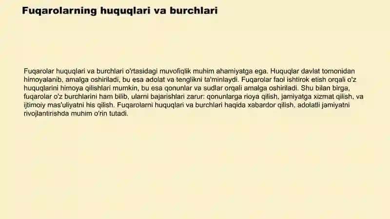Inson va fuqarolarning asosiy huquqlari va ularning ahamiyati Inson va fuqarolarning siyosiy iqtisodiy ijtimoiy madaniyat va ekologik huquqlari. Fuqarolarning burchlari 4