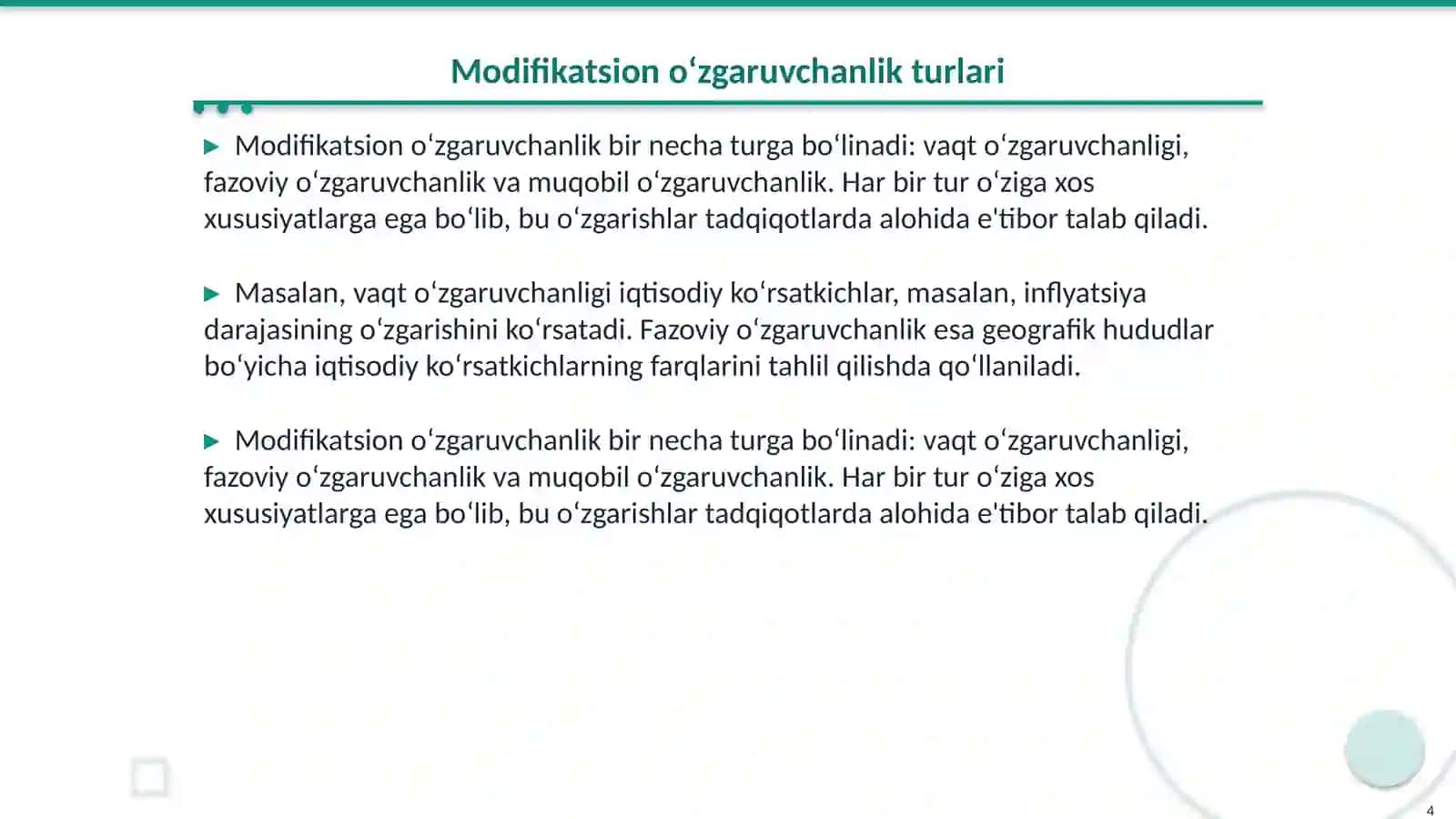 Modifikatsion o‘zgaruvchanlikni statistik usulda o‘rganishga oid masala va mashqlar tuzish hamda yechish metodikasi 4