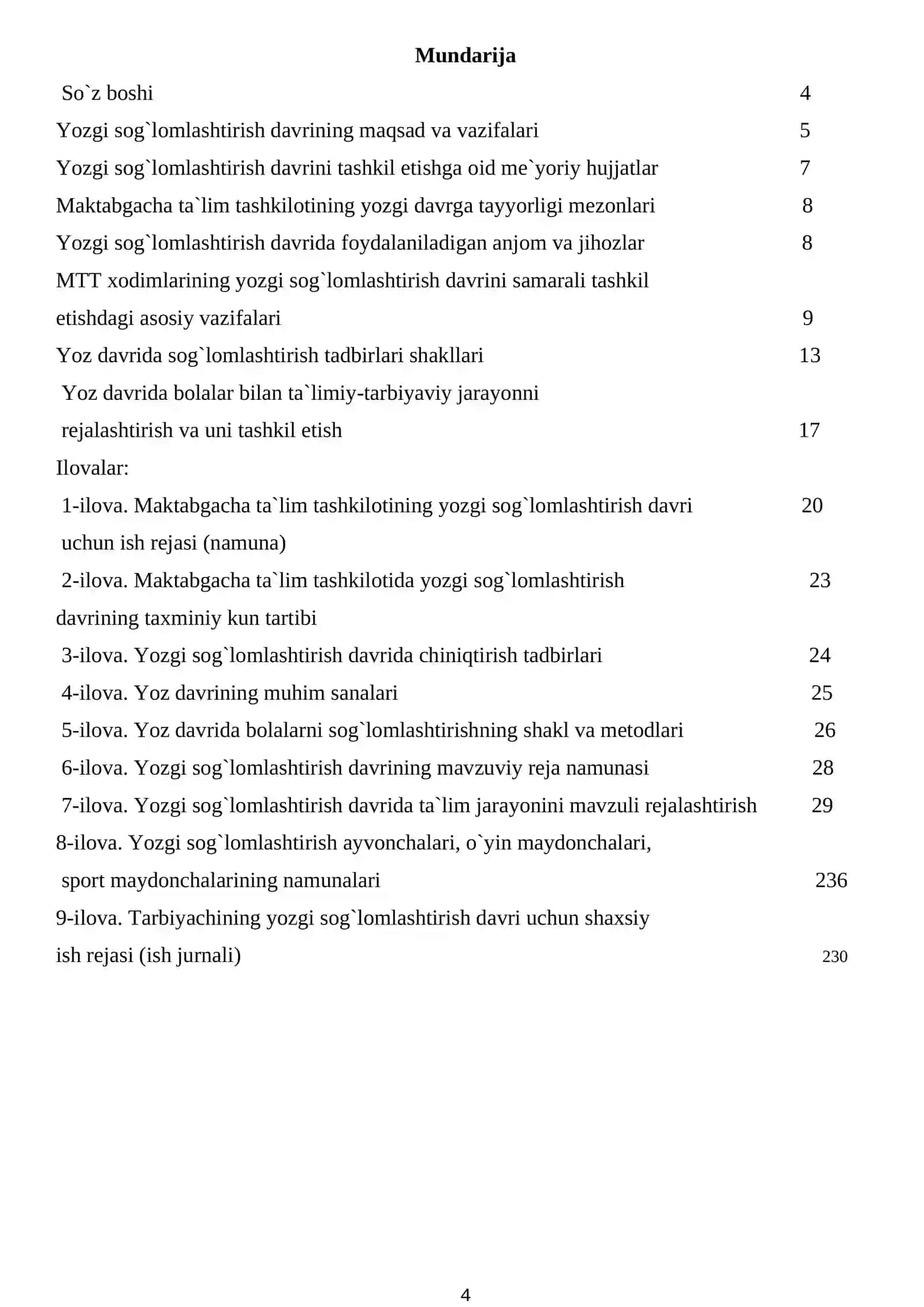 "O‘ZBEKISTON RESPUBLIKASI MAKTABGACHA TA'LIM VAZIRLIGI MAKTABGACHA TA'LIM TASHKILOTLARIDA YOZGI SOG'LOMLASHTIRISH ISHLARINI TASHKIL ETISH BO'YICHA METODIK TAVSIYA" 4