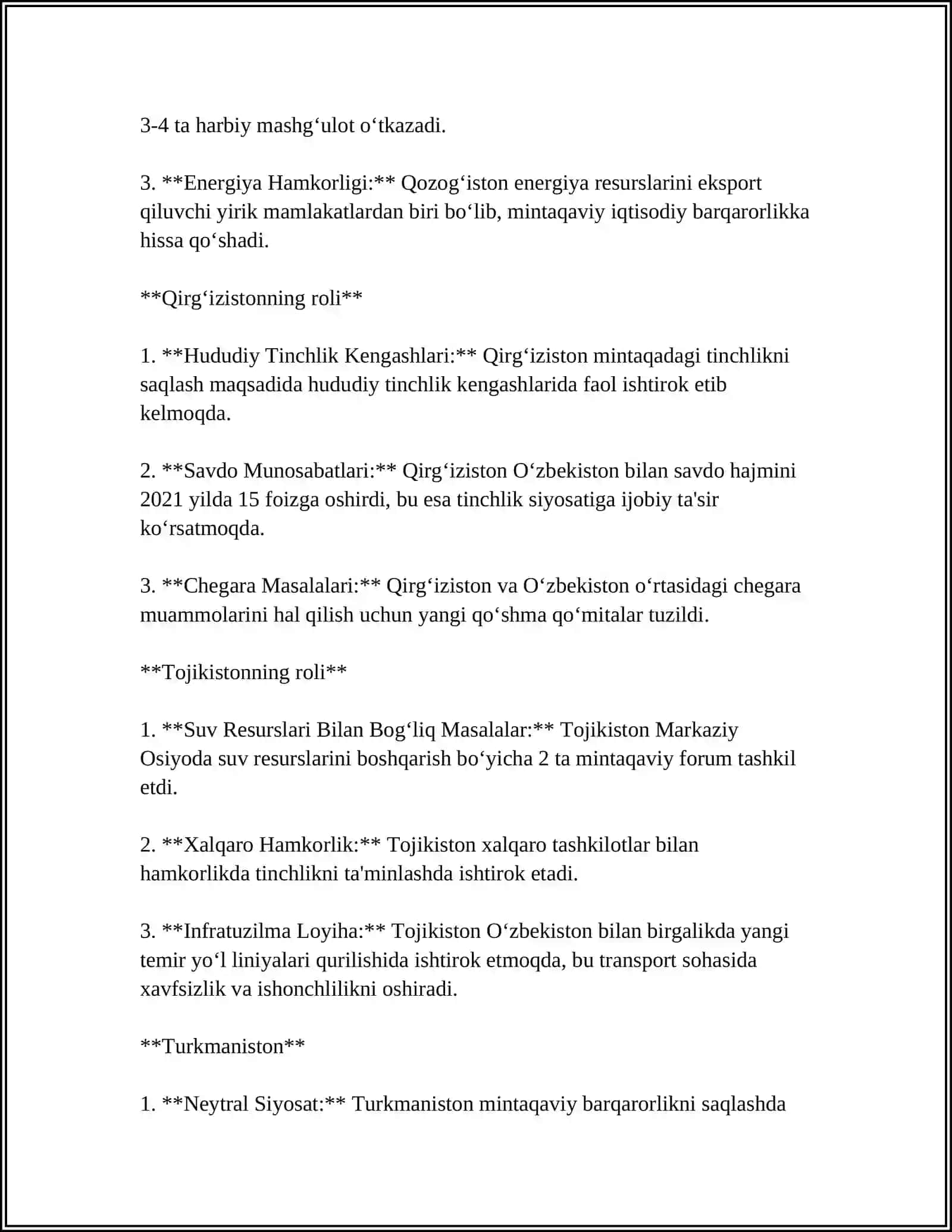 O‘ZBEKISTONNING MARKAZIY OSIYODAGI TINCHLIGI VA BARQARORLIGI 4