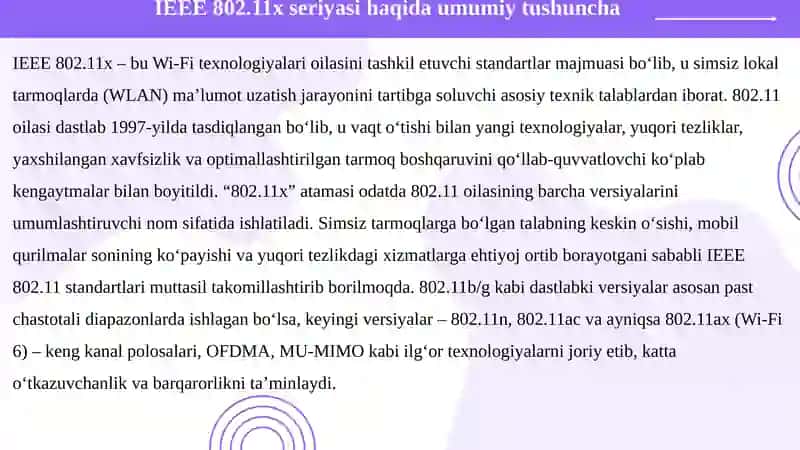 Kichikhujayrali tizimlar uchun ilg‘or MAC protokollari: IEEE 802.11x seriyasi 4