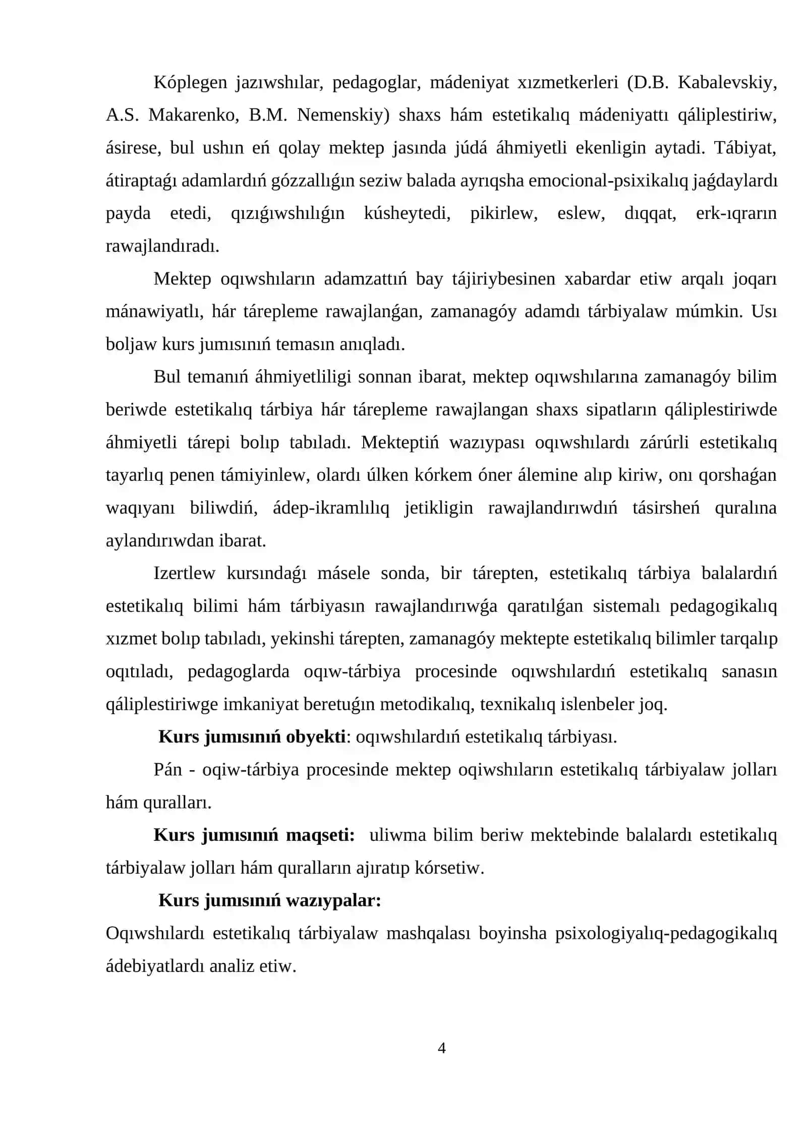 Qaniykelishtirgin jardemshi maktep oqiwlarin estetikaliq tarbiyalash 4