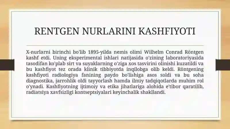 Rentgen nurlarini o'rganish tarixi, suyak Boʻg'imlar rivojlanishini rentgen nurlari yordamida Rentgenoanatomiyada yangi texnologiyalar o'rganish. 4