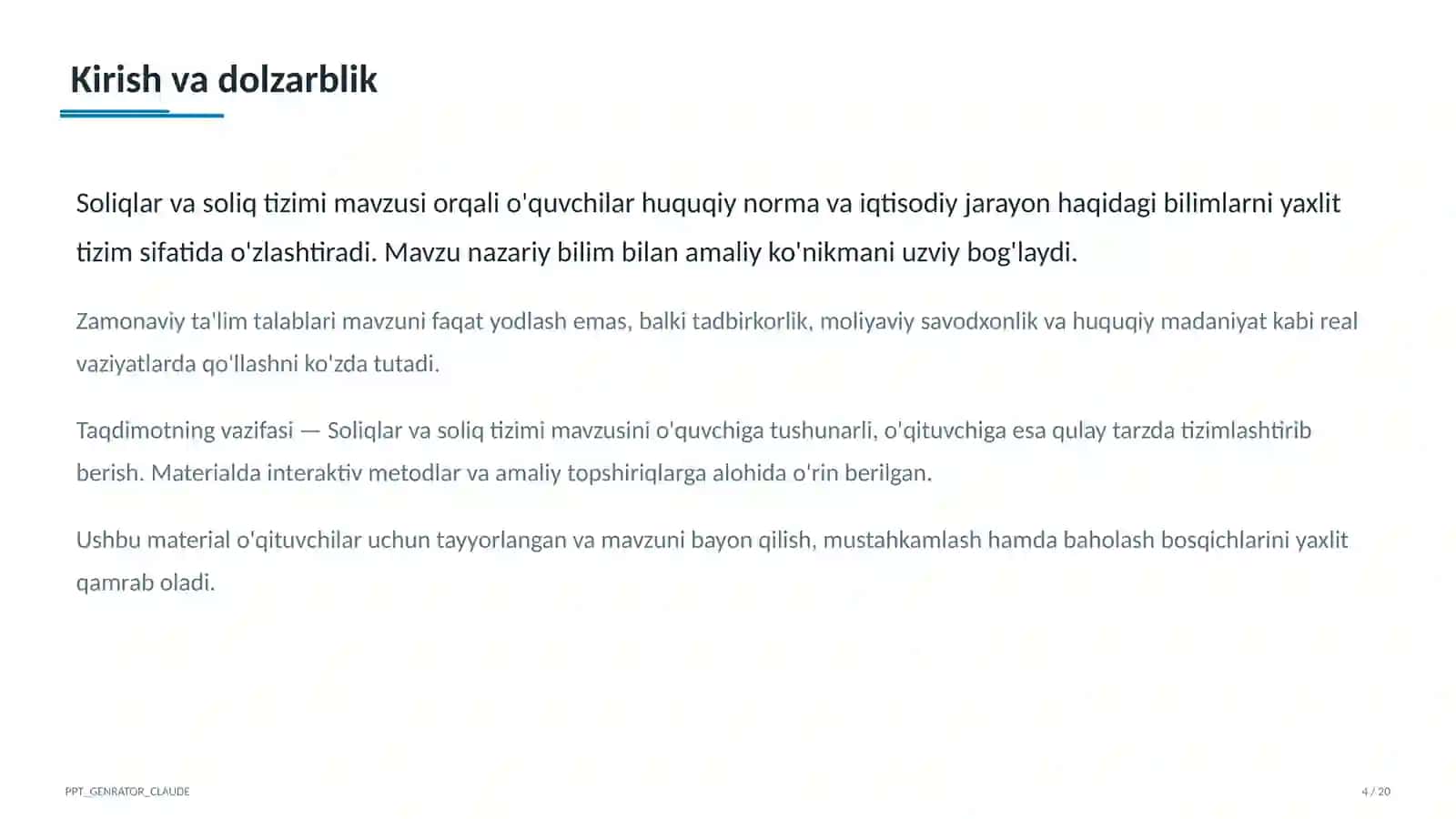 Huquq va iqtisodiyot asoslari (9– 11) — o'qituvchilar uchun 4