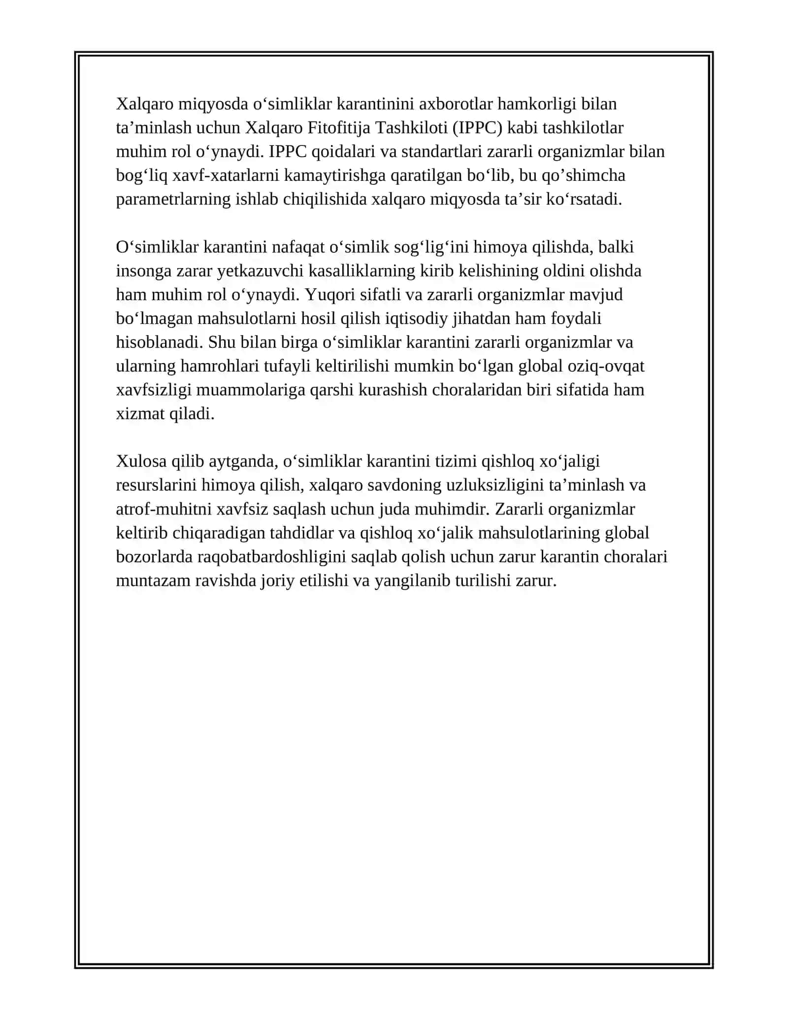 O‘SIMLIKLAR KARANTININING RIVOJLANISH TARIXI VA QISHLOQ XO‘JALIGIDAGI AHAMIYATI MAVZUSIDA REFERAT YOZING 4