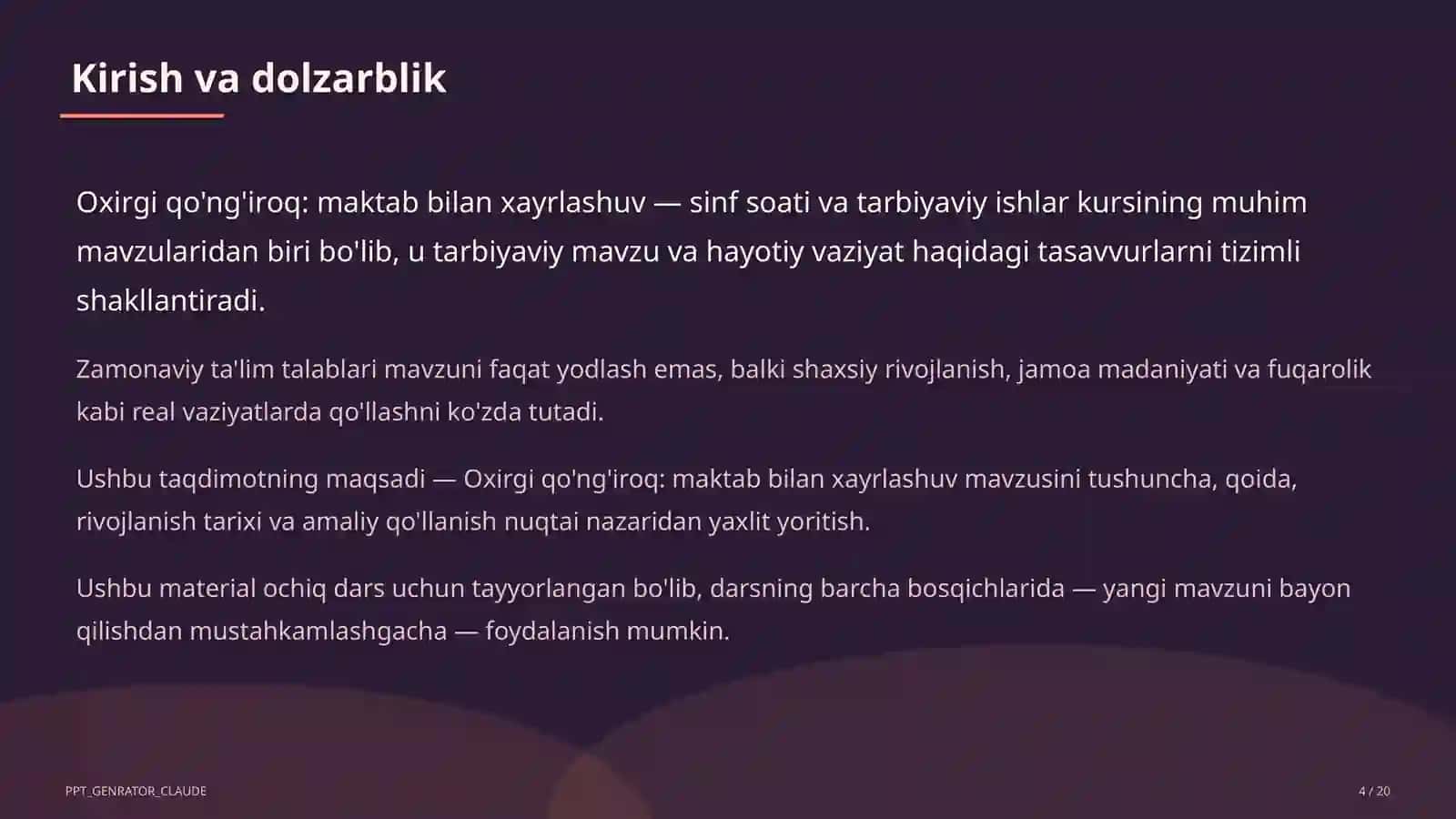 Sinf soati va tarbiyaviy tadbirlar (1-11) - ochiq dars uchun 4