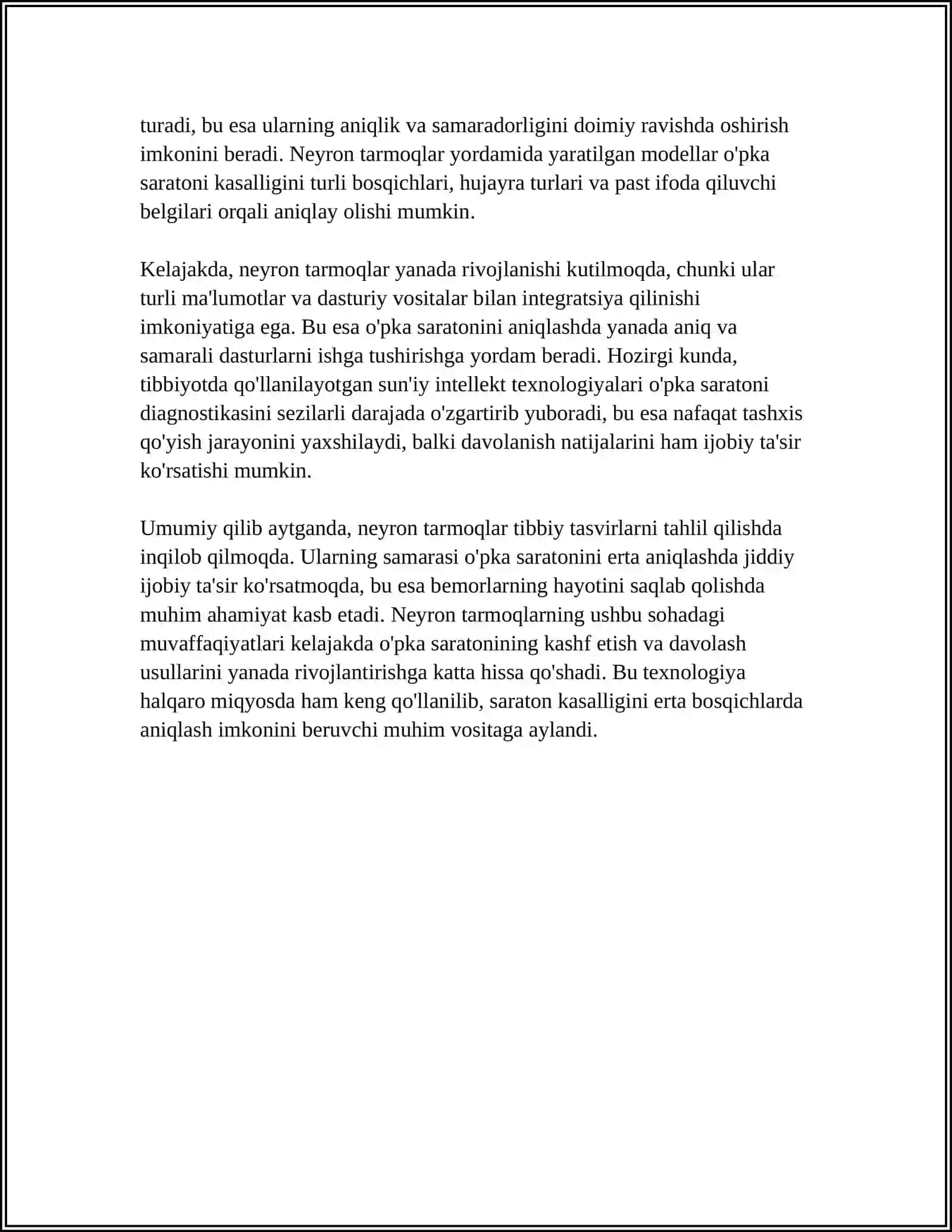 NEYRON TARMOQLAR ASOSIDA O'PKA SARATONI KASALLIGINI ANIQLASH DASTURINI ISHLAB CHIQISH 4