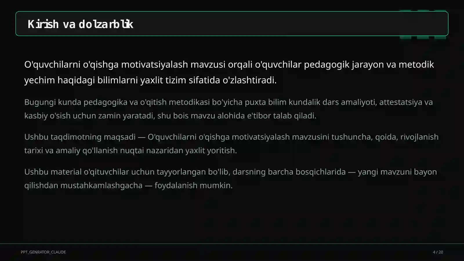O'qituvchilar uchun: pedagogika va o'qitish metodikasi 4