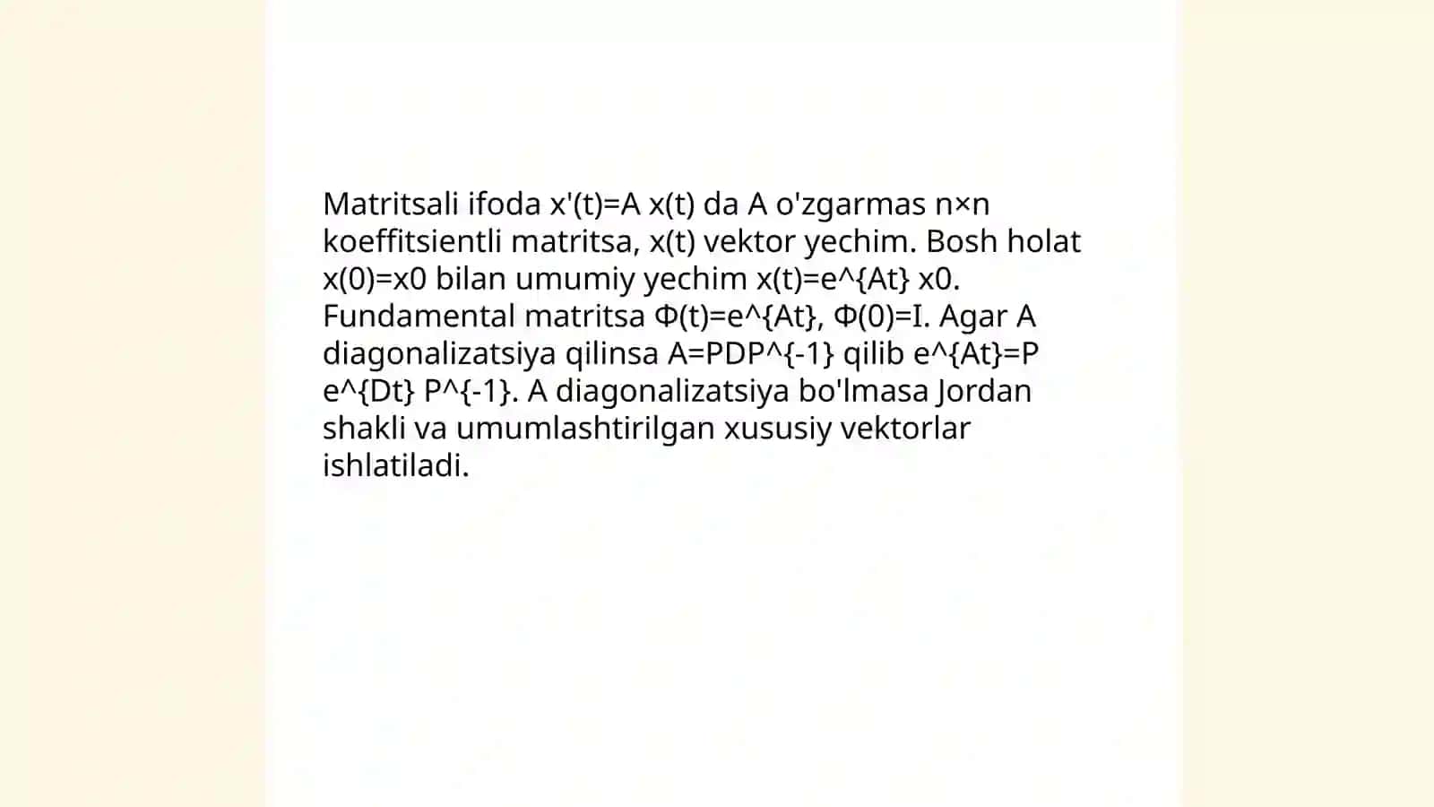 O'zgarmas koeffisentli chiziali bir jinslimas differensial tenglamalar sistemasi 4