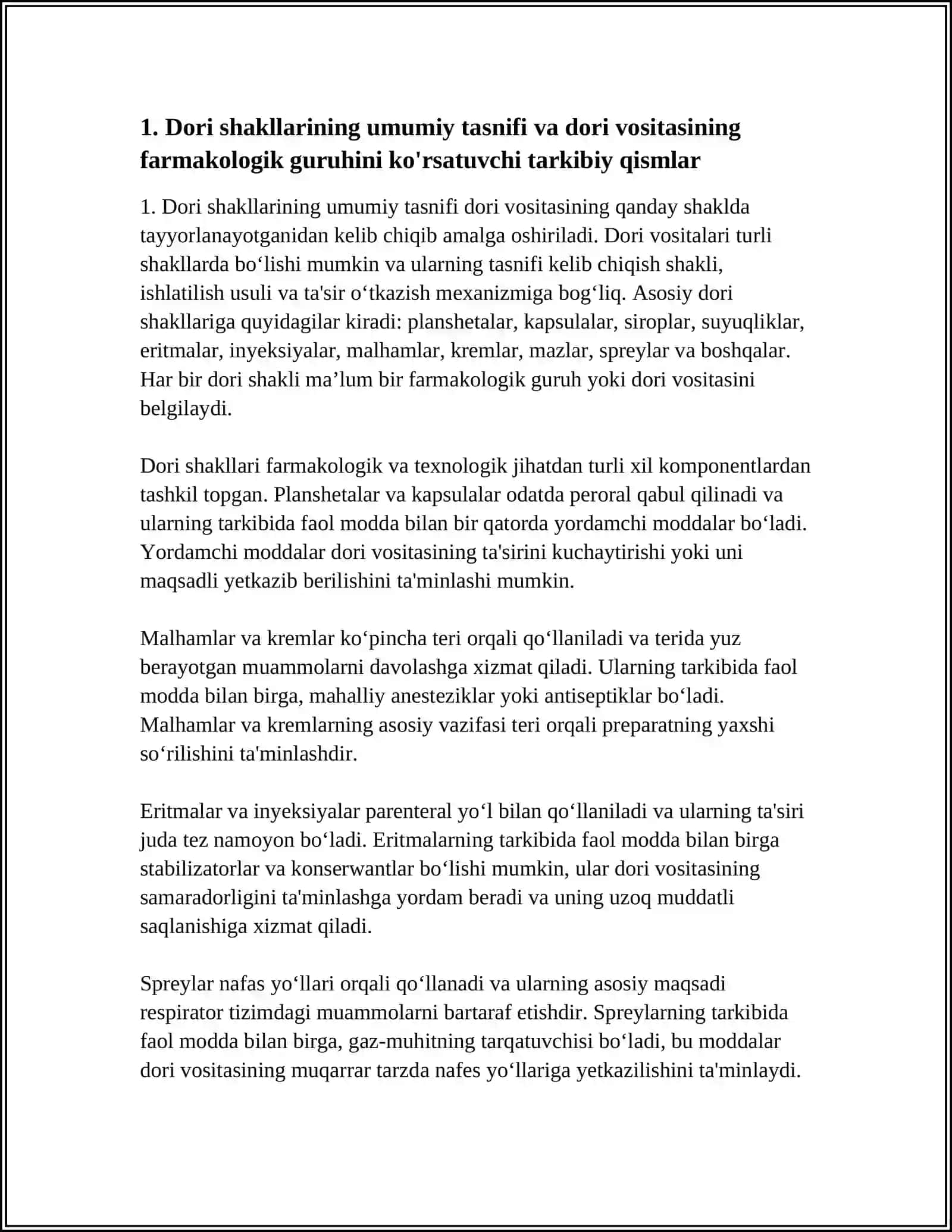 MUSTAQIL ISH: DORI SHAKILLARI. DORI VOSITANI FARMAKOLOGIK GURUHINI KO'RSATUVCHI TARKIBIY QISIMLAR 4