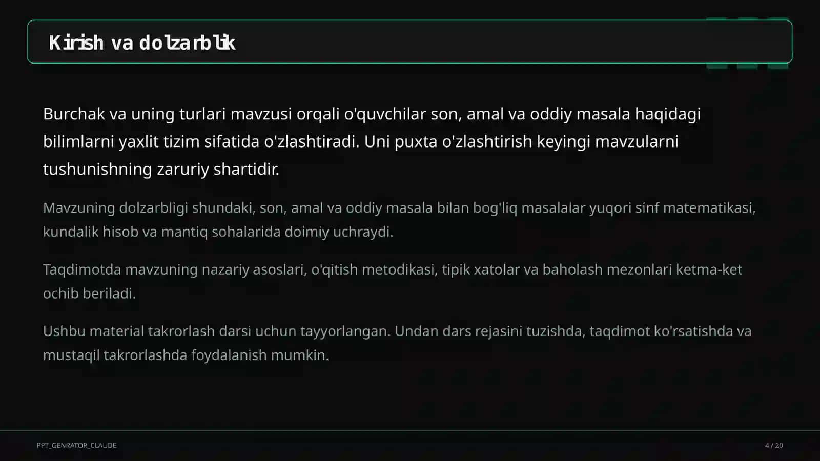 Burchak va uning turlari (4-sinf) 4
