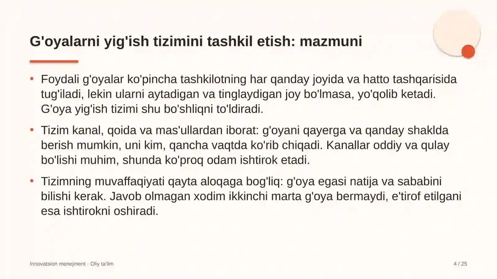 Dam olish maskanlarida g'oyalarni yig'ish tizimini tashkil etish 4