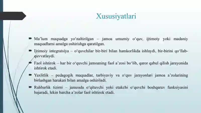 OʻQUVCHILAR JAMOASI YAXLIT PEDAGOGIKA JAMOANING SHAKLI 4