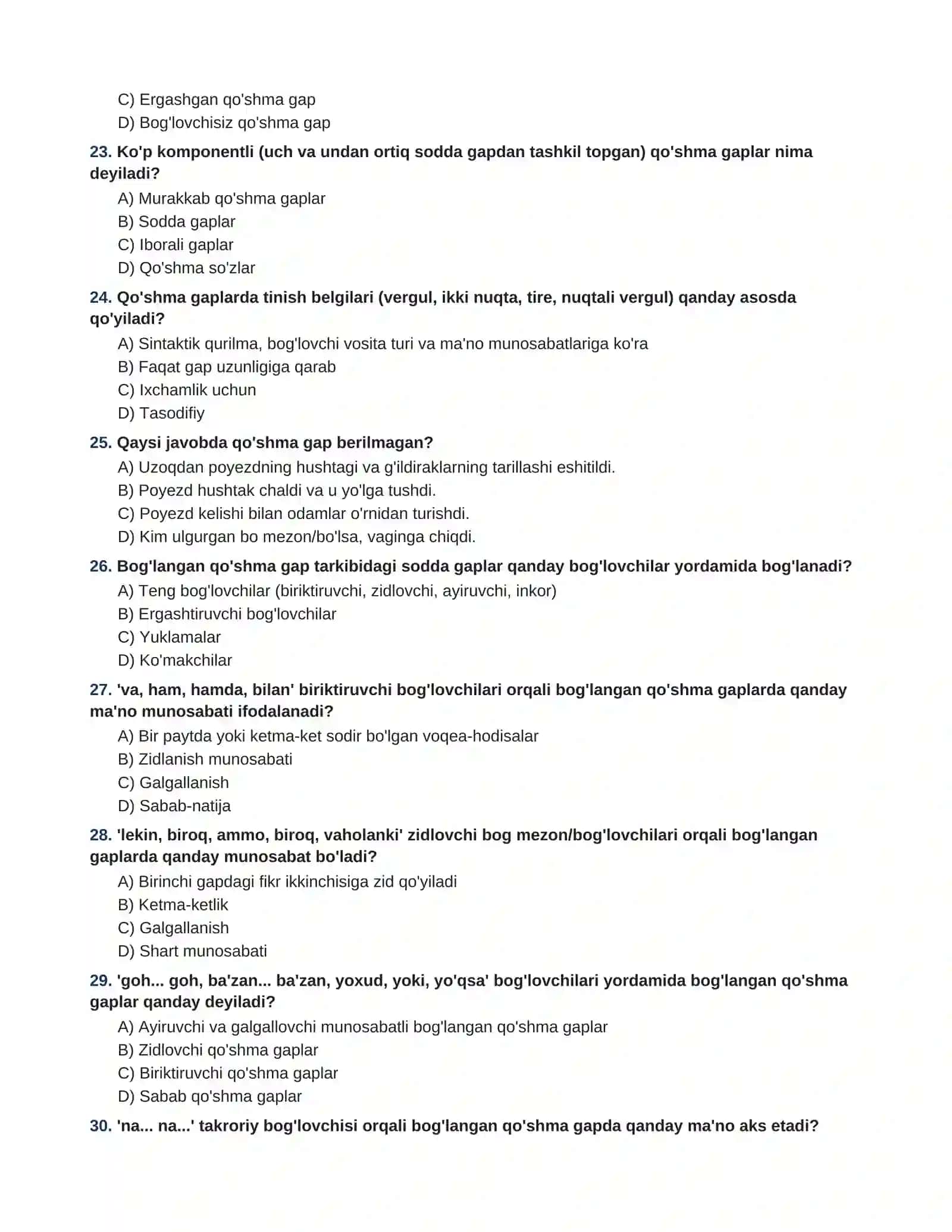 QO'SHMA GAP HAQIDA TUSHUNCHA VA UNING TURLARI  100 TA TEST TOPSHIRIQLARI VA JAVOBLARI 4