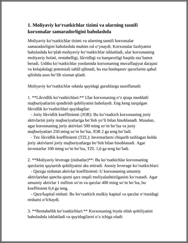 KORXONALAR MOLIYAVIY HOLATINI VA SAMARADORIIGINI IFODALOVCHI KOMPLEKS KO‘RSATKICHLAR BO‘YICHA REYTINGINI ANIQLASH VA ULARNING QIYOSIY TAHLILI 4