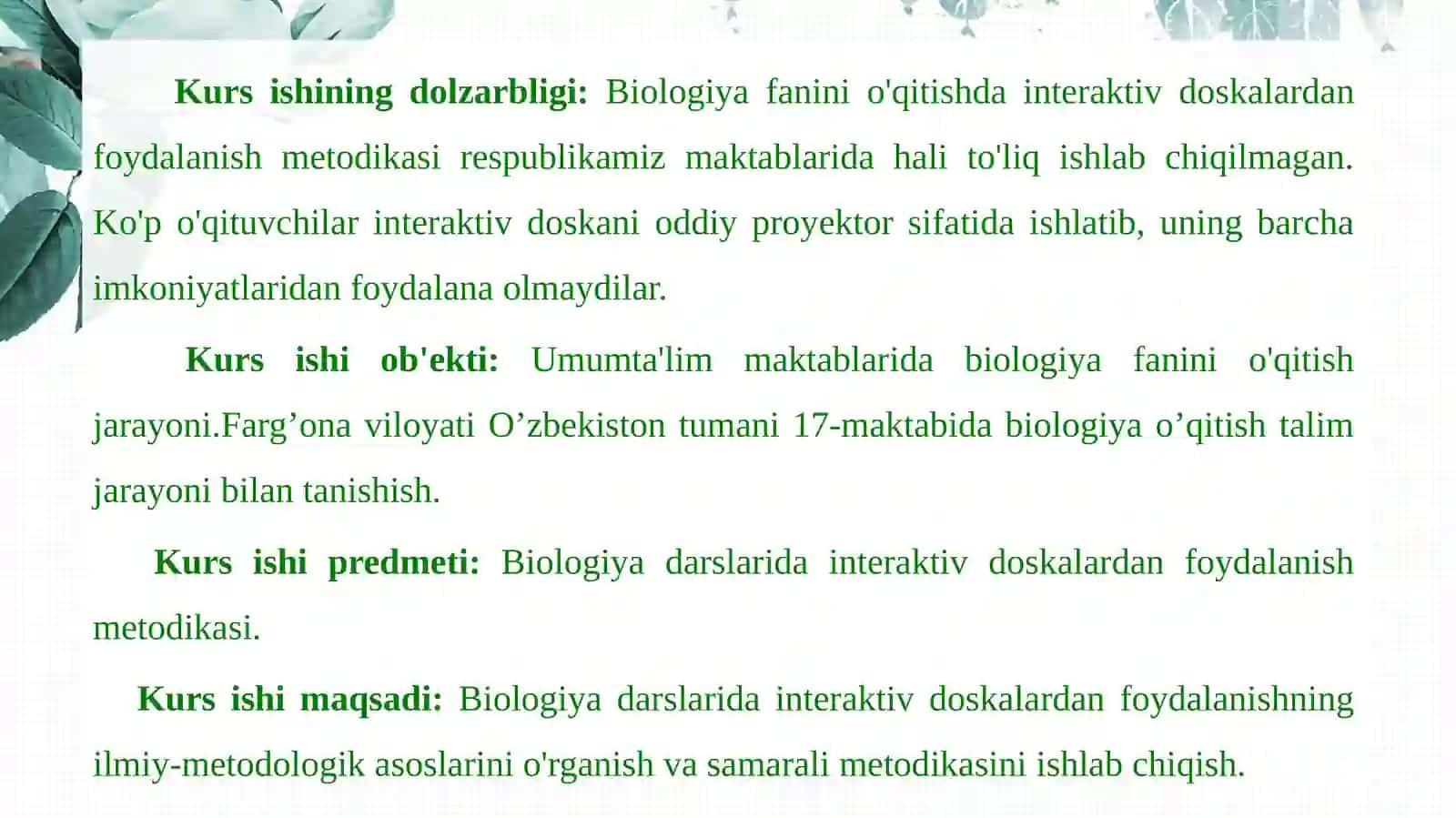 ABDULLAYEVARUXSHONANING BIOLOGIYA O‘QITISH METODIKASI 4