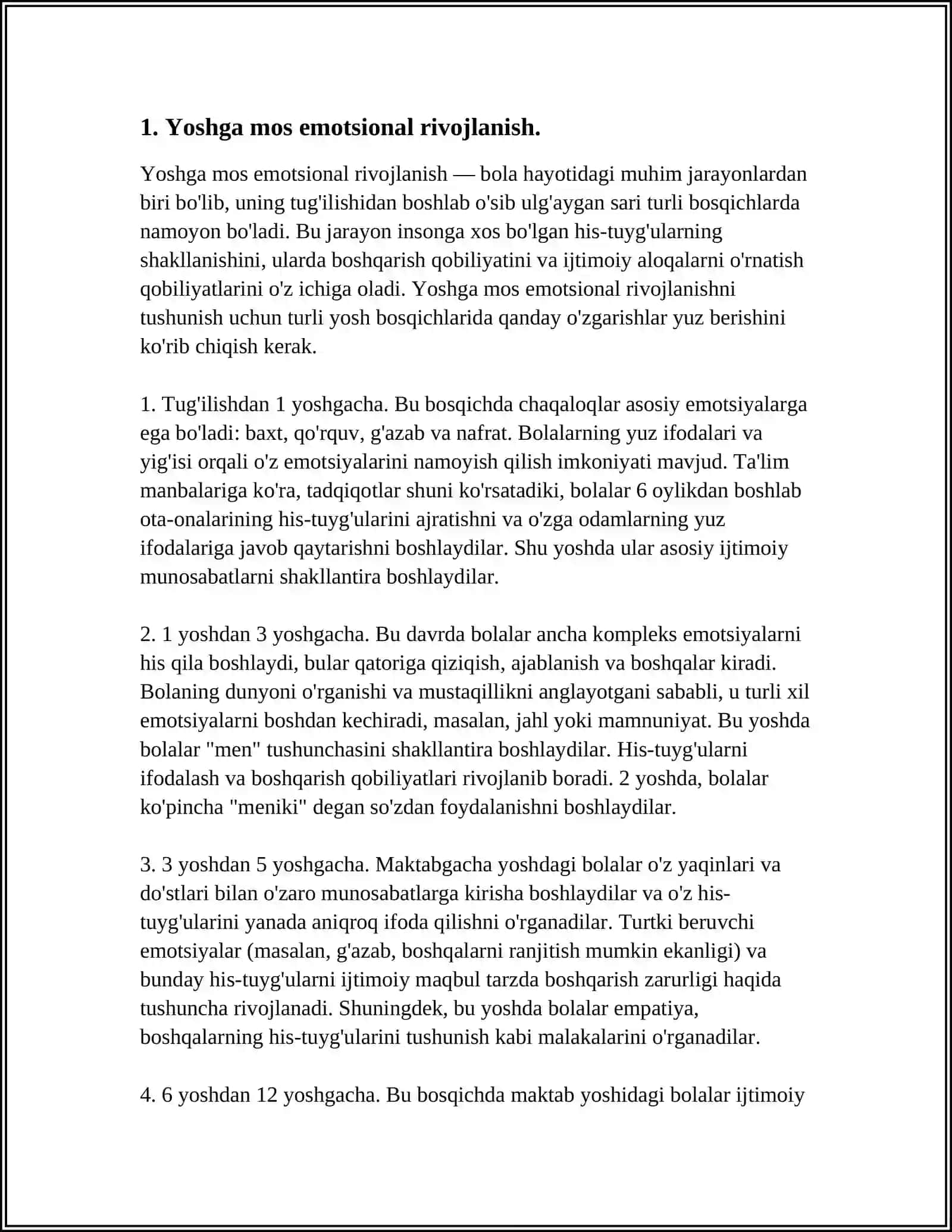 SIZ MAKTABGACHA TA’LIM MUASSASASIDA TARBIYACHI SIFATIDA FAOLIYAT YURITASIZ. GURUHINGIZDAGI BIR BOLA O‘YIN PAYTIDA DOIMIY RAVISHDA BOSHQALAR BILAN NIZOGA KIRISHADI VA O‘YINDA ISHTIROK ETISHDAN BOSH TORTADI. USHBU VAZIYATDA BOLANING IJTIMOIY-EMOSIONAL RIVOJLANISHINI QO‘LLAB-QUVVATLASH UCHUN QANDAY CHORALAR KO‘RASIZ? 4