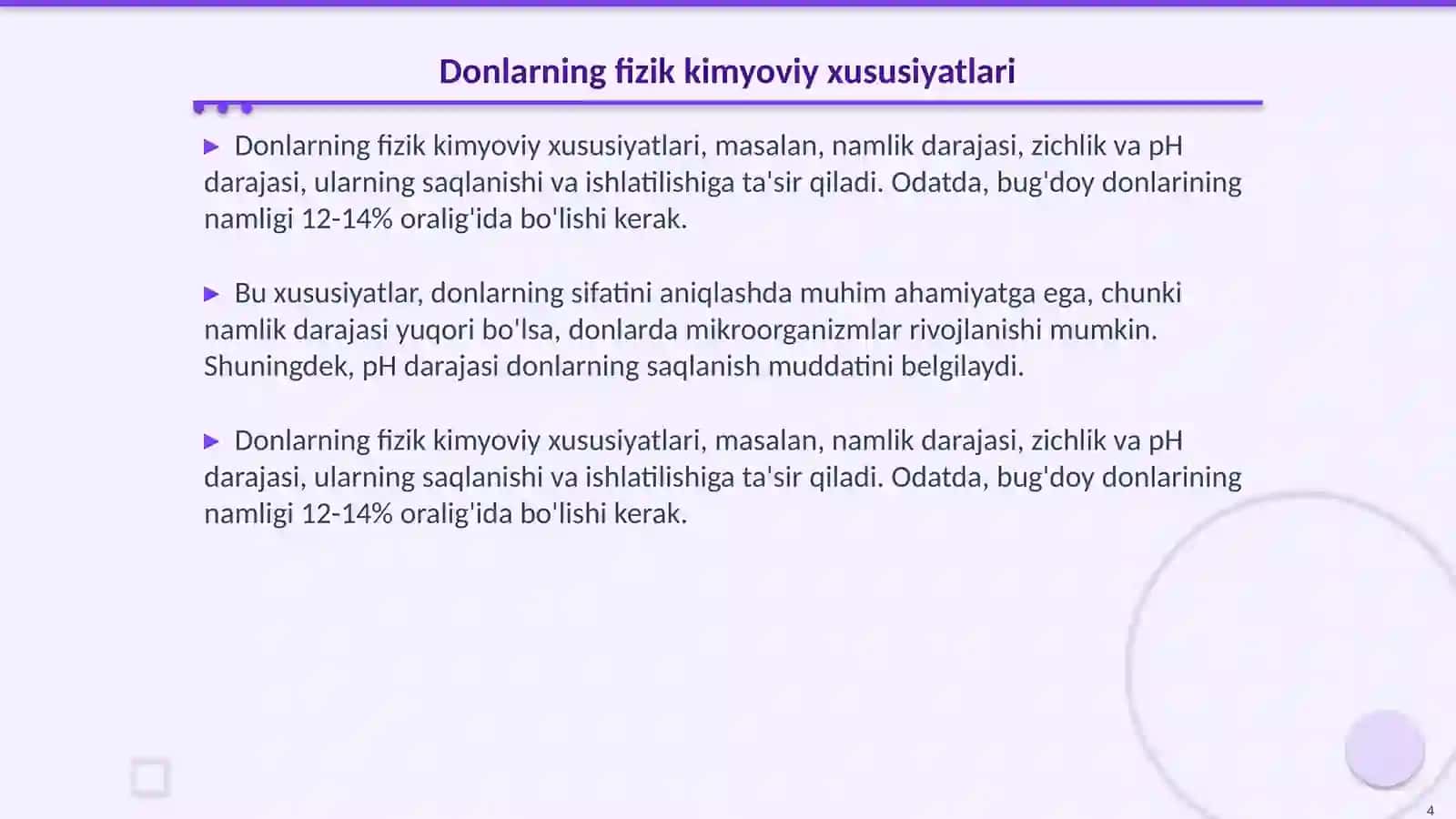 Donlarning organoleptik va fizik kimyoviy sifat koʻrsatkichlari aniqlash 4