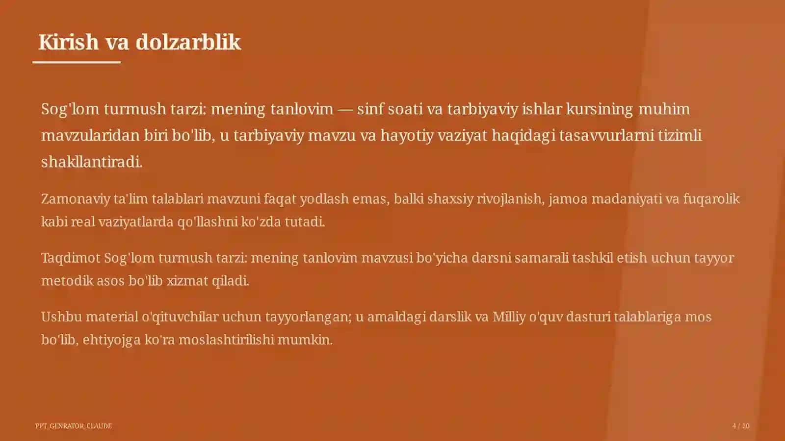 Sinf soati va tarbiyaviy tadbirlar (1–11) — o'qituvchilar uchun 4