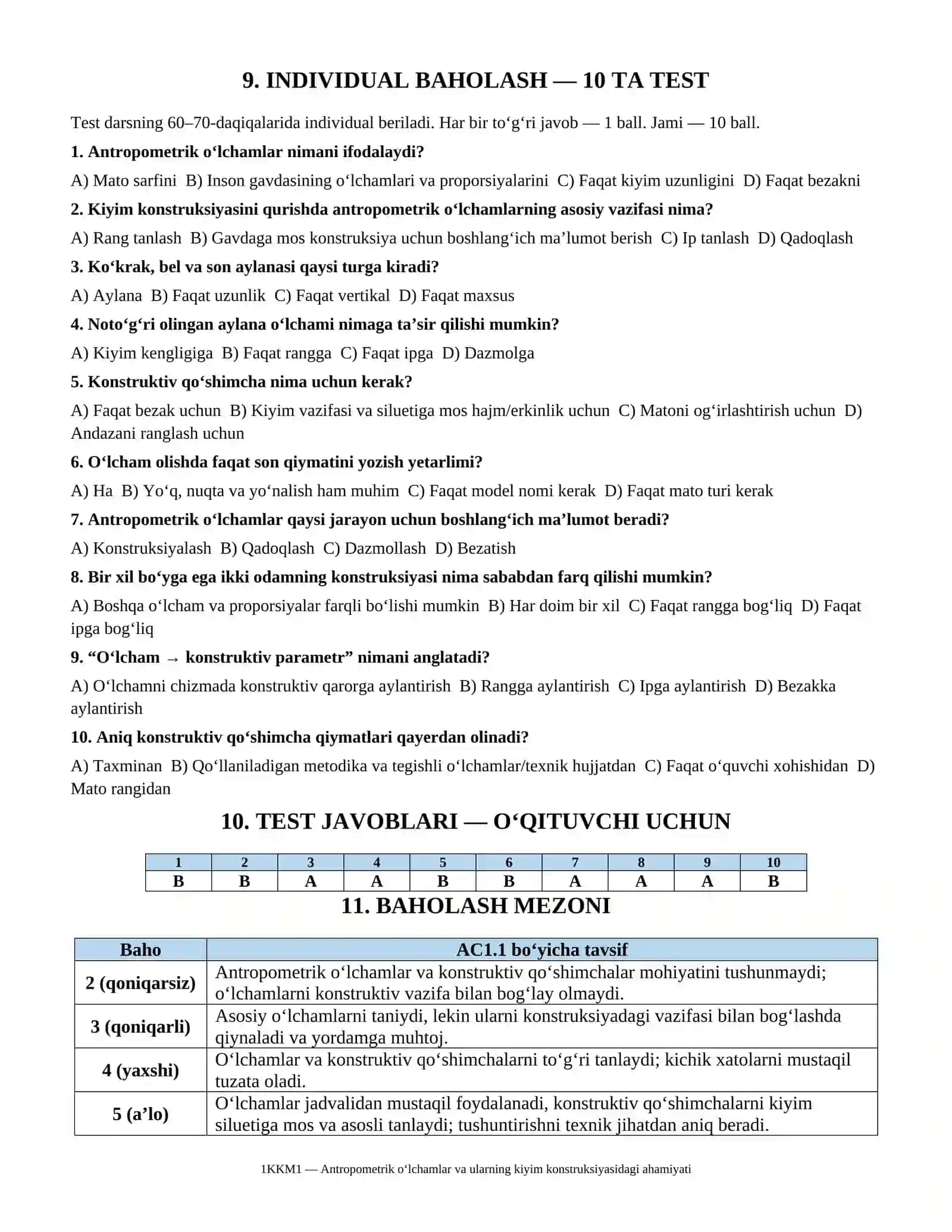 Antropometrik o‘lchamlar va ularning kiyim konstruksiyasidagi ahamiyati mavzusida dars paketi 4