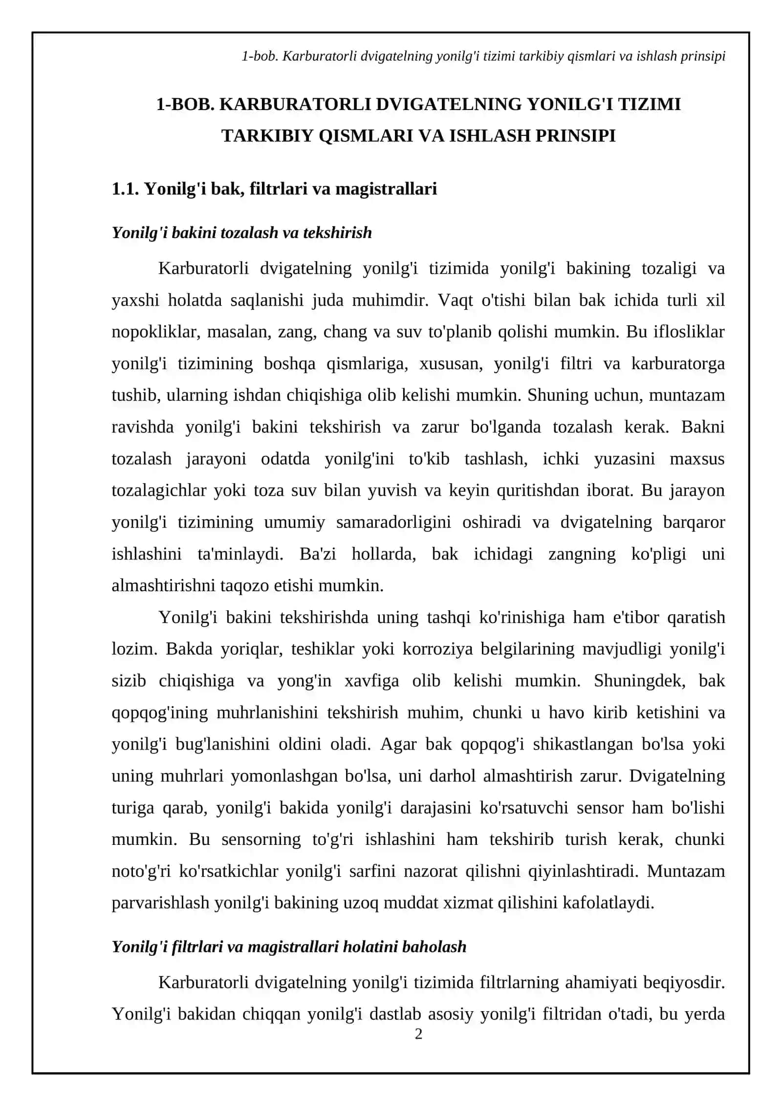 Karburatorli dvigatelning yonilg'i taminotiga texnik xizmat koʻrsatish 4