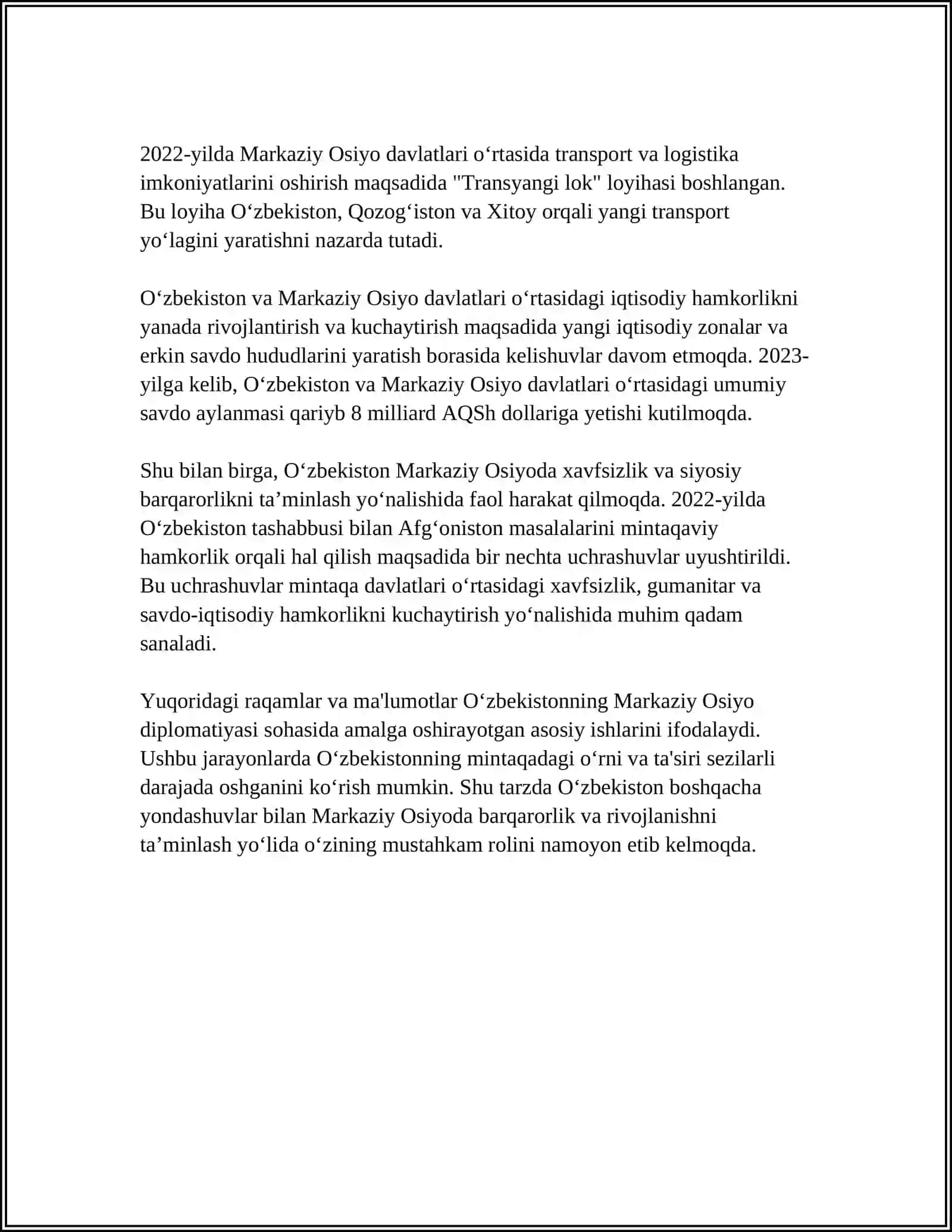 O'ZBEKISTONNING MARKAZIY OSIYODA TINCHLIK VA BARQARORLIKNI TA'MINLASHDAGI O'RNI 4