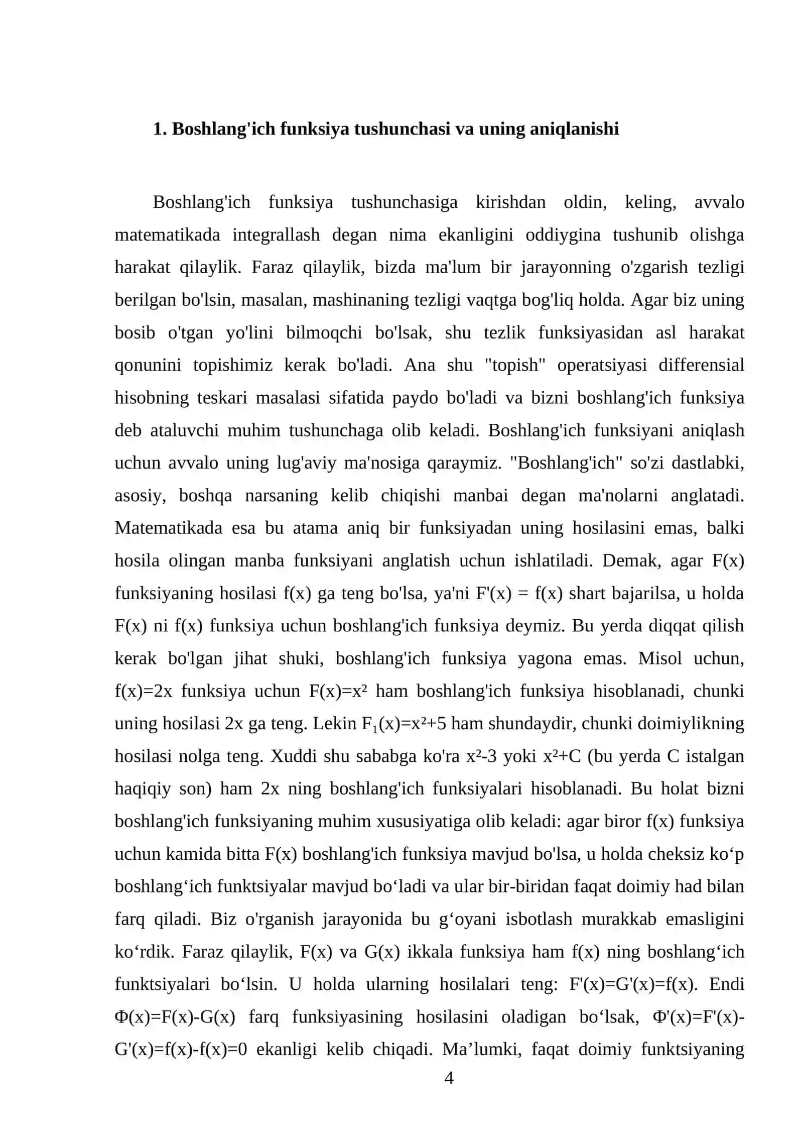 Boshlang'ich funksiya va aniqmas integral. Aniqmas integralning asosiy xossalari 4