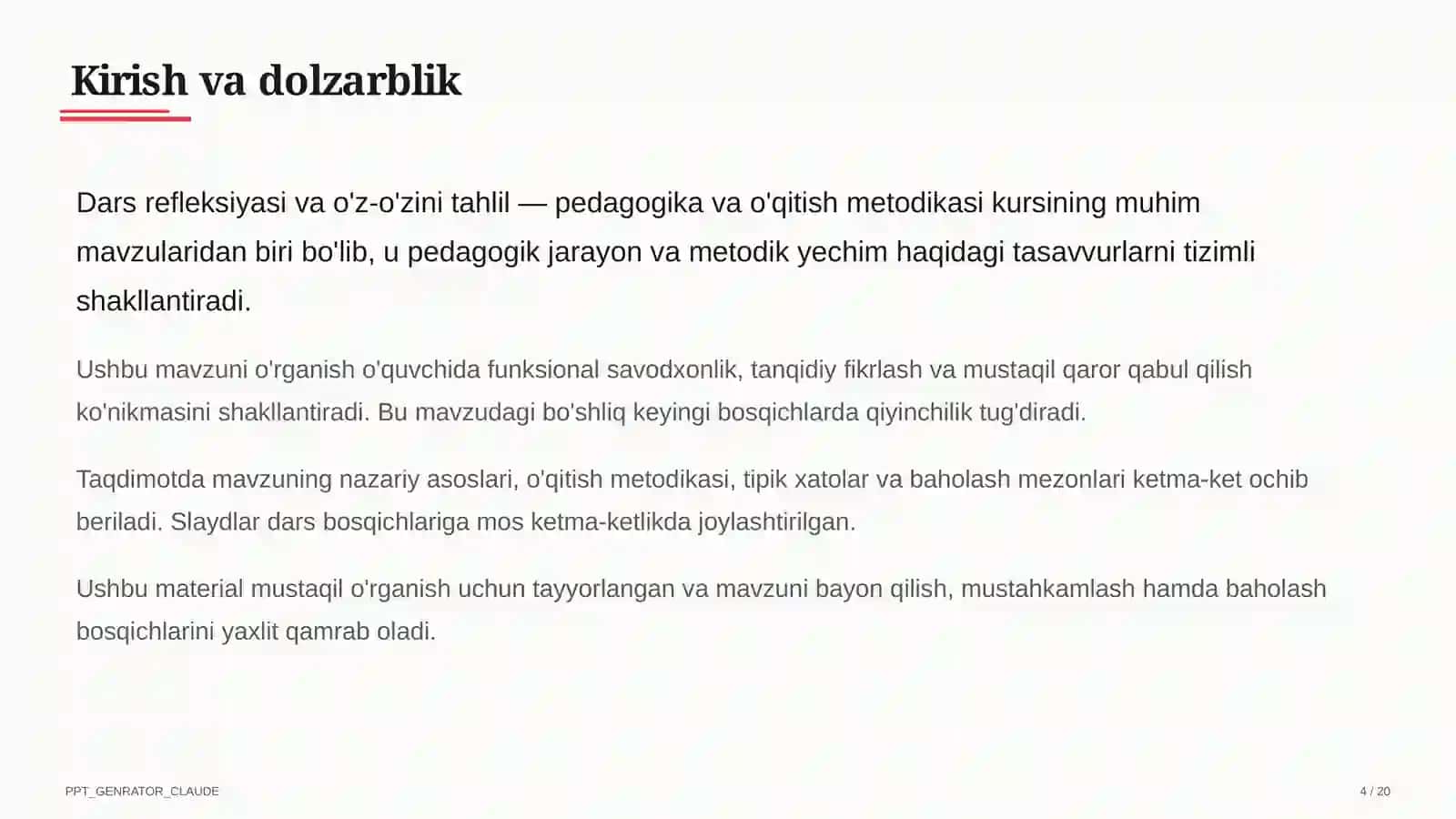 Dars refleksiyasi va o'z-o'zini tahlil 4