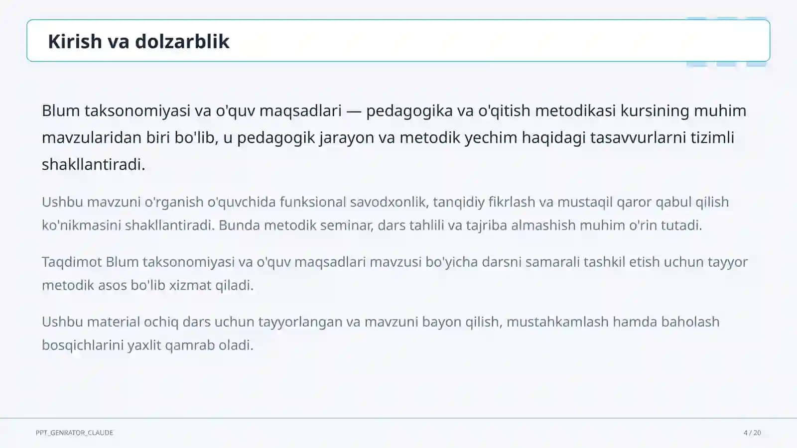 Blum taksonomiyasi va o'quv maqsadlari 4