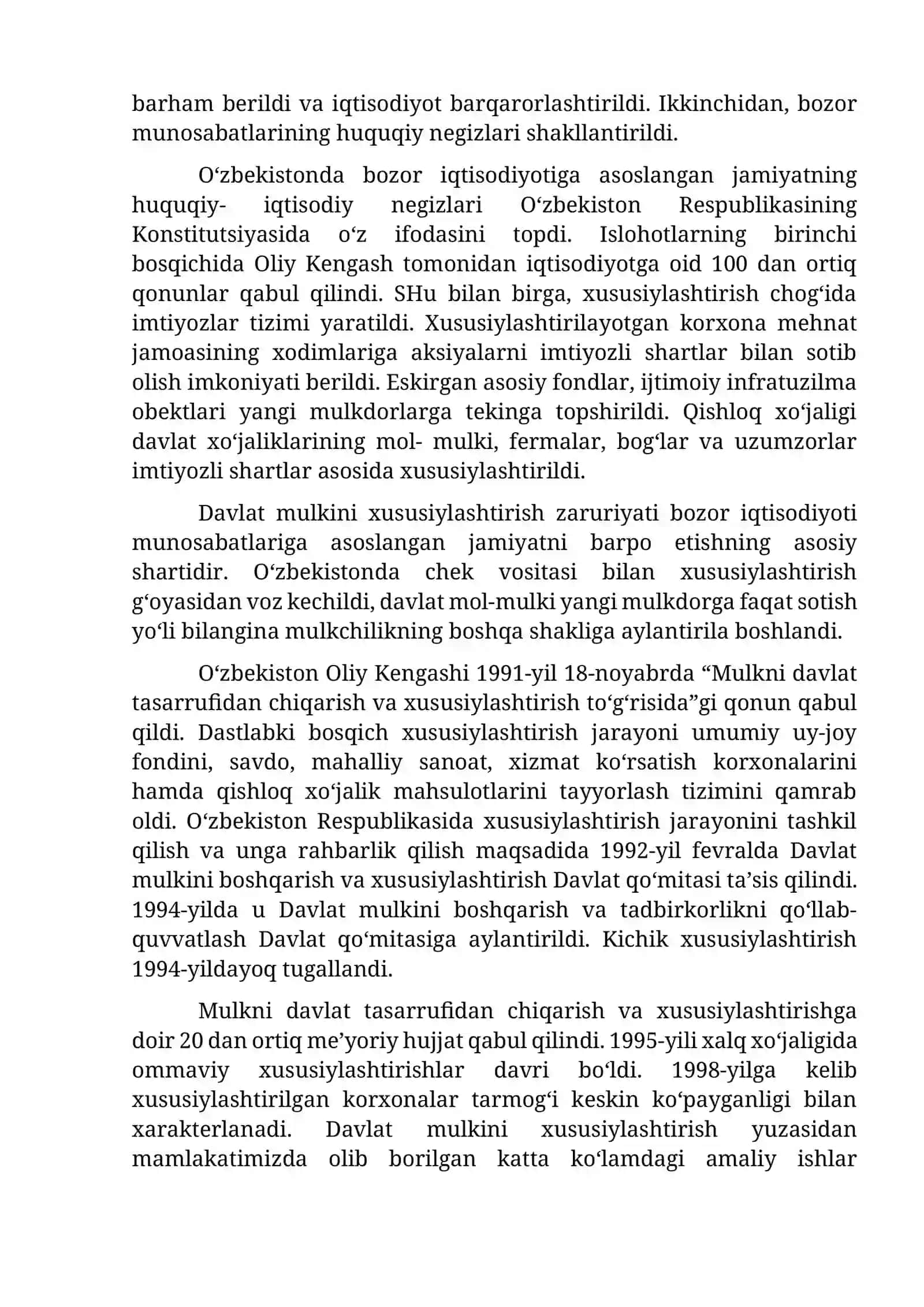 Iqtisodiy islohotlar, xususiy mulkchilikning shakllanishi. O‘zbekistonda bozor munosabatlarining rivojlanishi 4