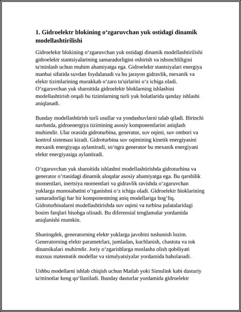 O‘ZGARUVCHAN YUK SHAROITIDA GIDROELEKTR BLOKINING ISHLASHINI MODELLASHTIRISH 4