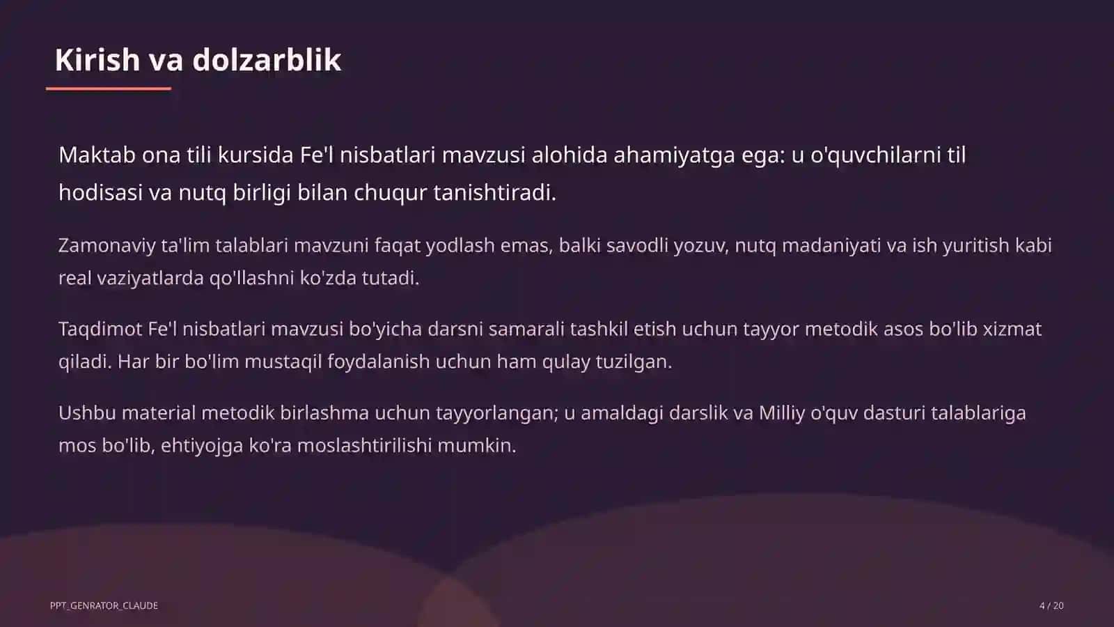 Fe'l nisbatlari (7-sinf) Ona tili (5– 11) — metodik birlashma uchun 4