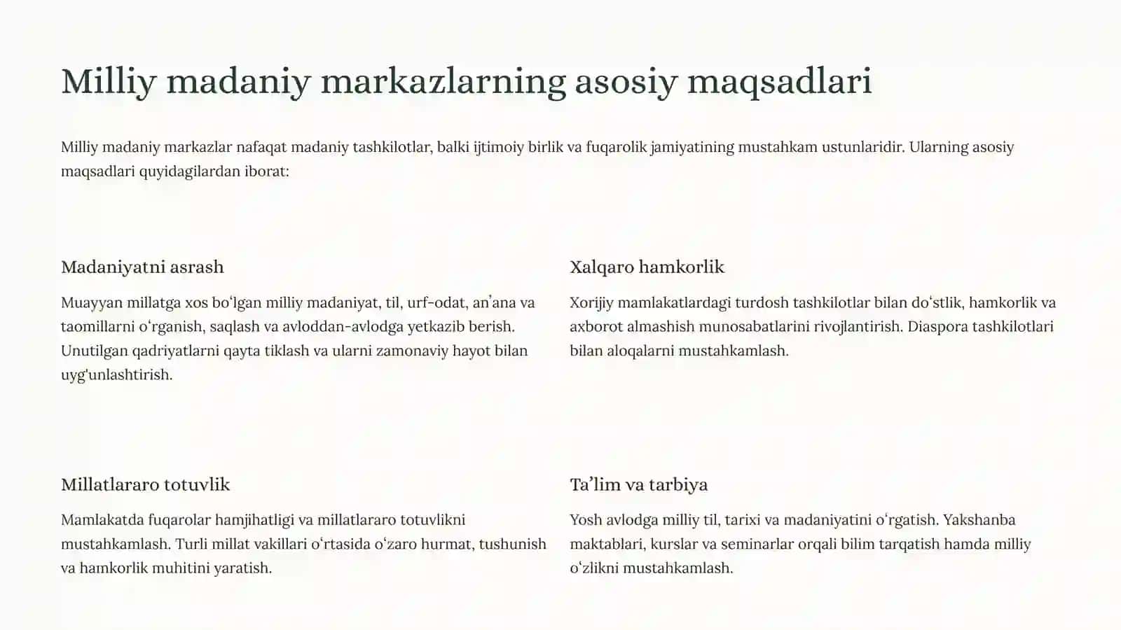 Milliy madaniy markazlar: Oʻzbekistonning boy merosivakelajagi 4