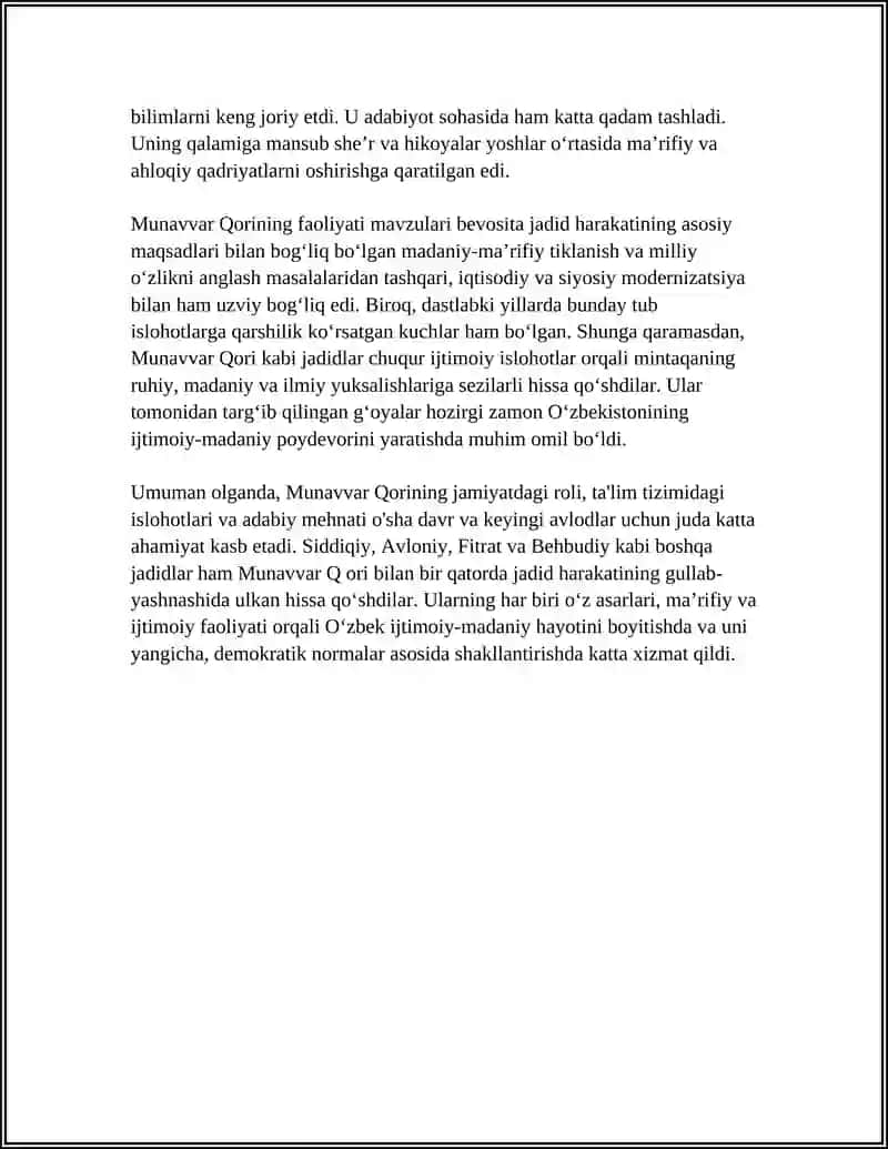 JADID MARIFATPARVARLATNING OʻLKA IJTIMOIY MANAVIY HAYOTIDA TUTGAN OʻRNI( MUNAVVARQORI, FITRAT, BEHBUDIY, AVLONIYVA BOSHQALAR) HAQIDA 4