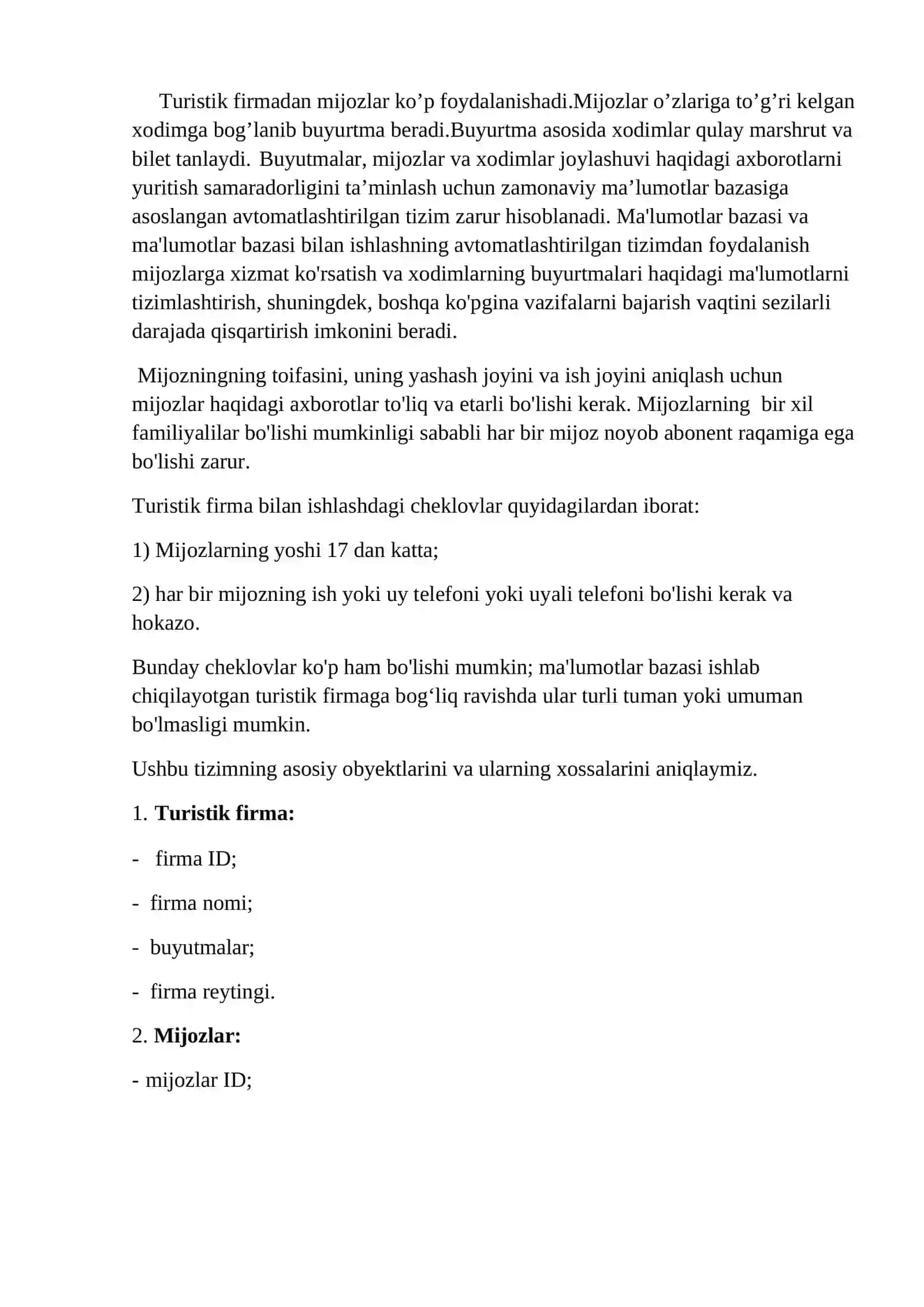 “ Turistik firma” predmet sohasi uchun ma’lumotlar bazasini loyihalash 4