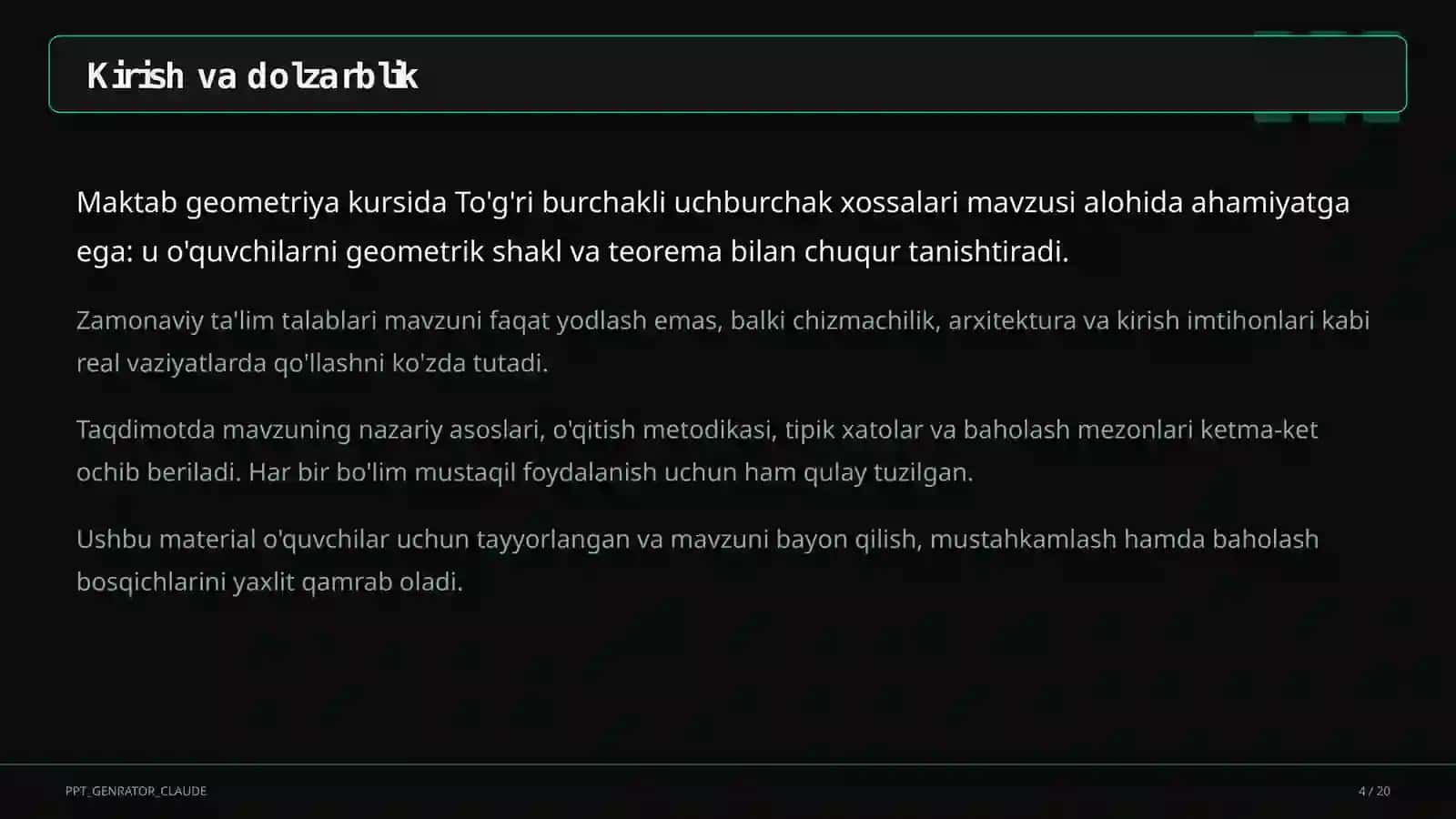 To'g'ri burchakli uchburchak xossalari (7-sinf) 4