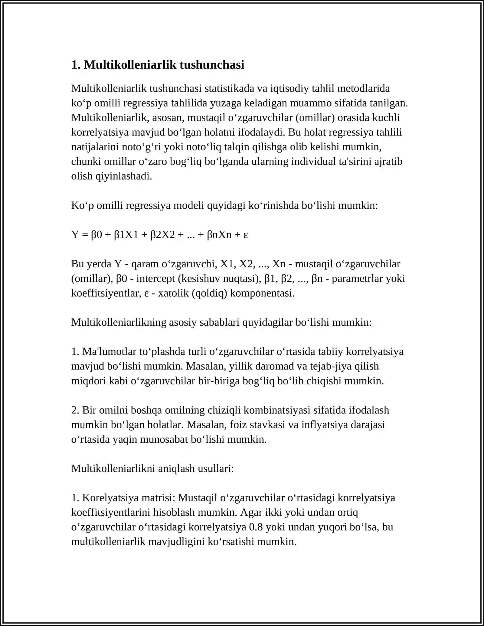 KO’P OMILLI REGRESSIYANI TUZILISHDA OMILLARNI SARALASH. MULTIKOLLENIARLIK VA UNI YO’QOTISH 4