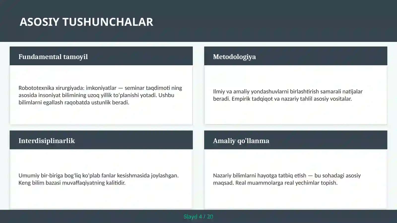 Robototexnika xirurgiyada: imkoniyatlar — seminar taqdimoti 4