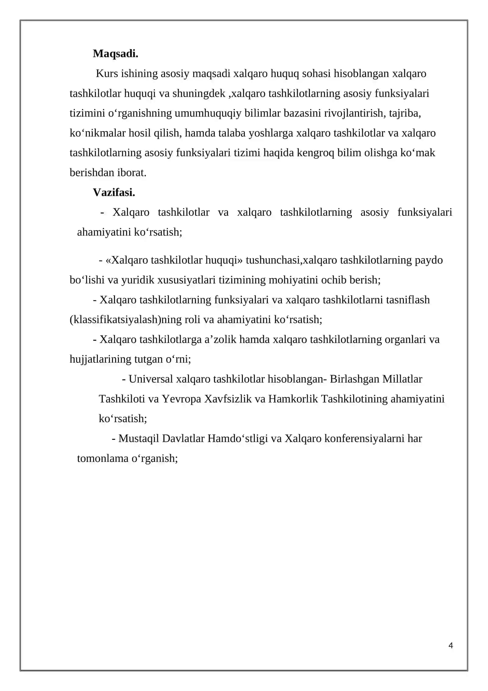 “XALQARO TASHKILOTLARNING ASOSIY FUNKSIYALARI” MAVZUSIDAGI KURS ISHI 4