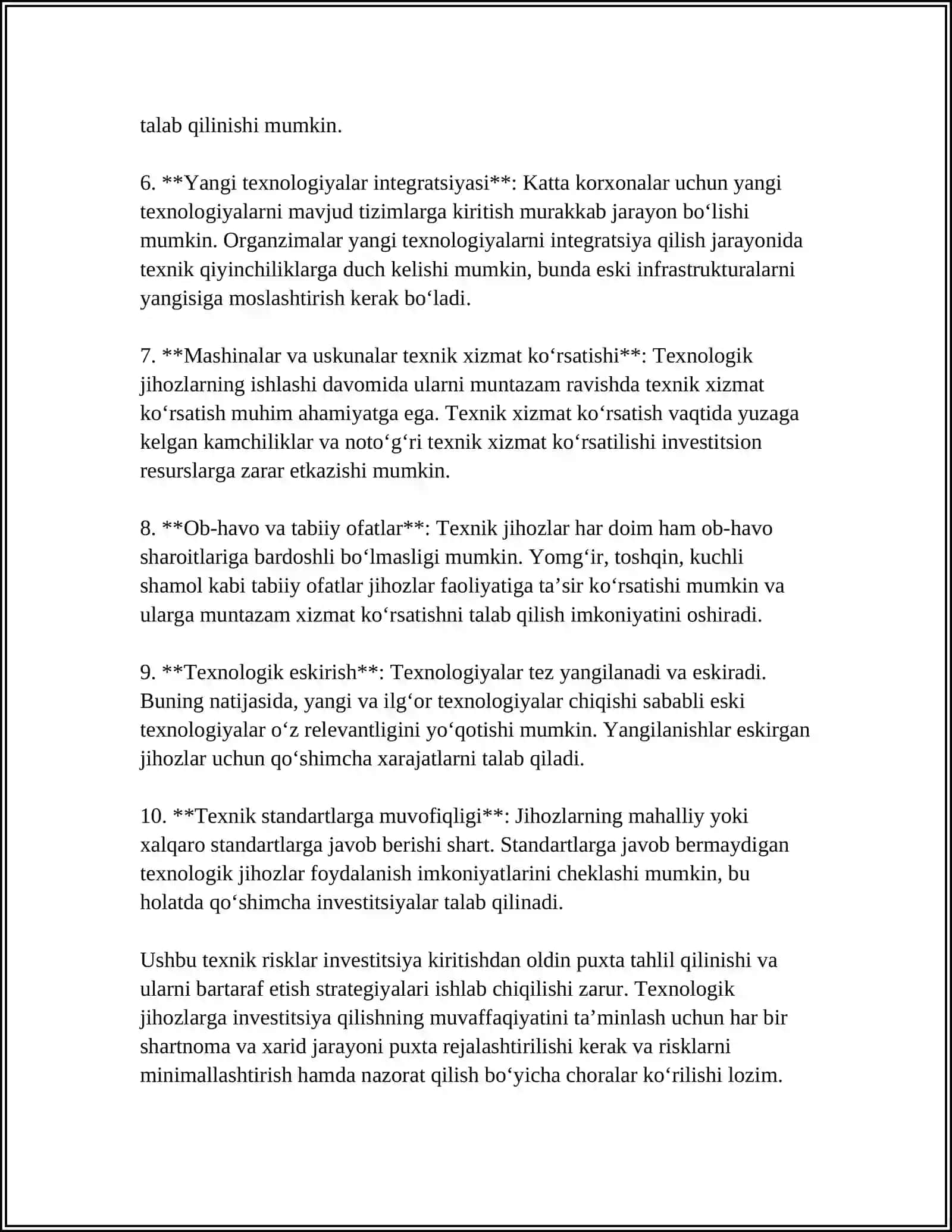 TEXNOLOGIK JIHOZLAR BO'YICHA INVESTITSIYA RISKLARI TAHLILI 4