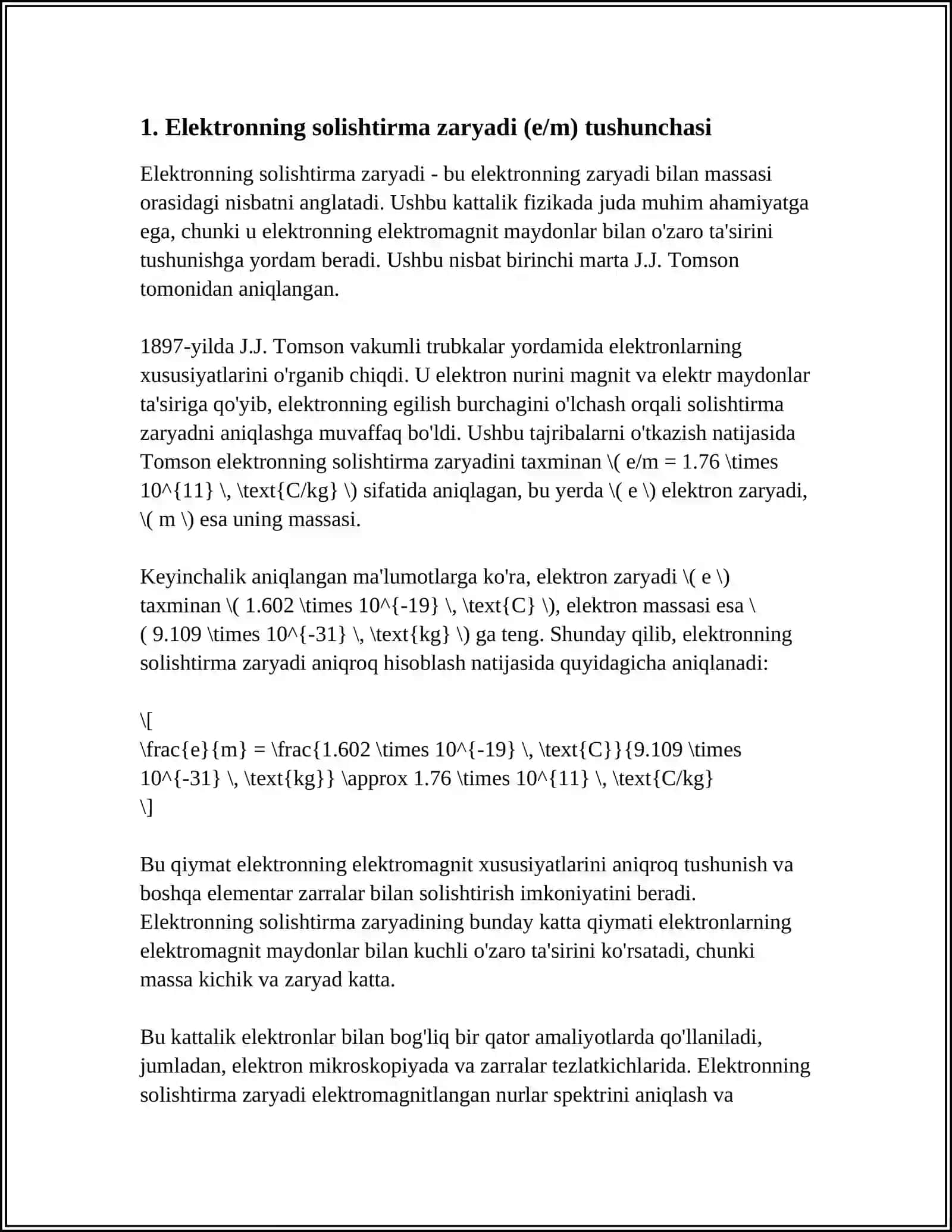 ELEKTRONNING SOLISHTIRMA ZARYADI. TOMSON TAJRIBASI 4