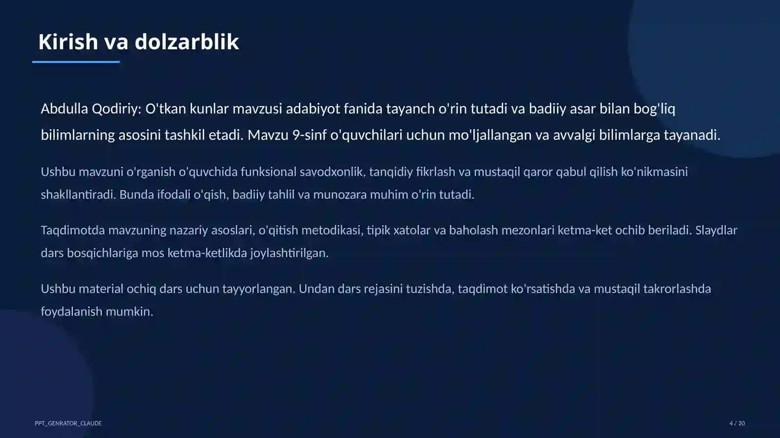 Abdulla Qodiriy: O'tkan kunlar (9-sinf) 4