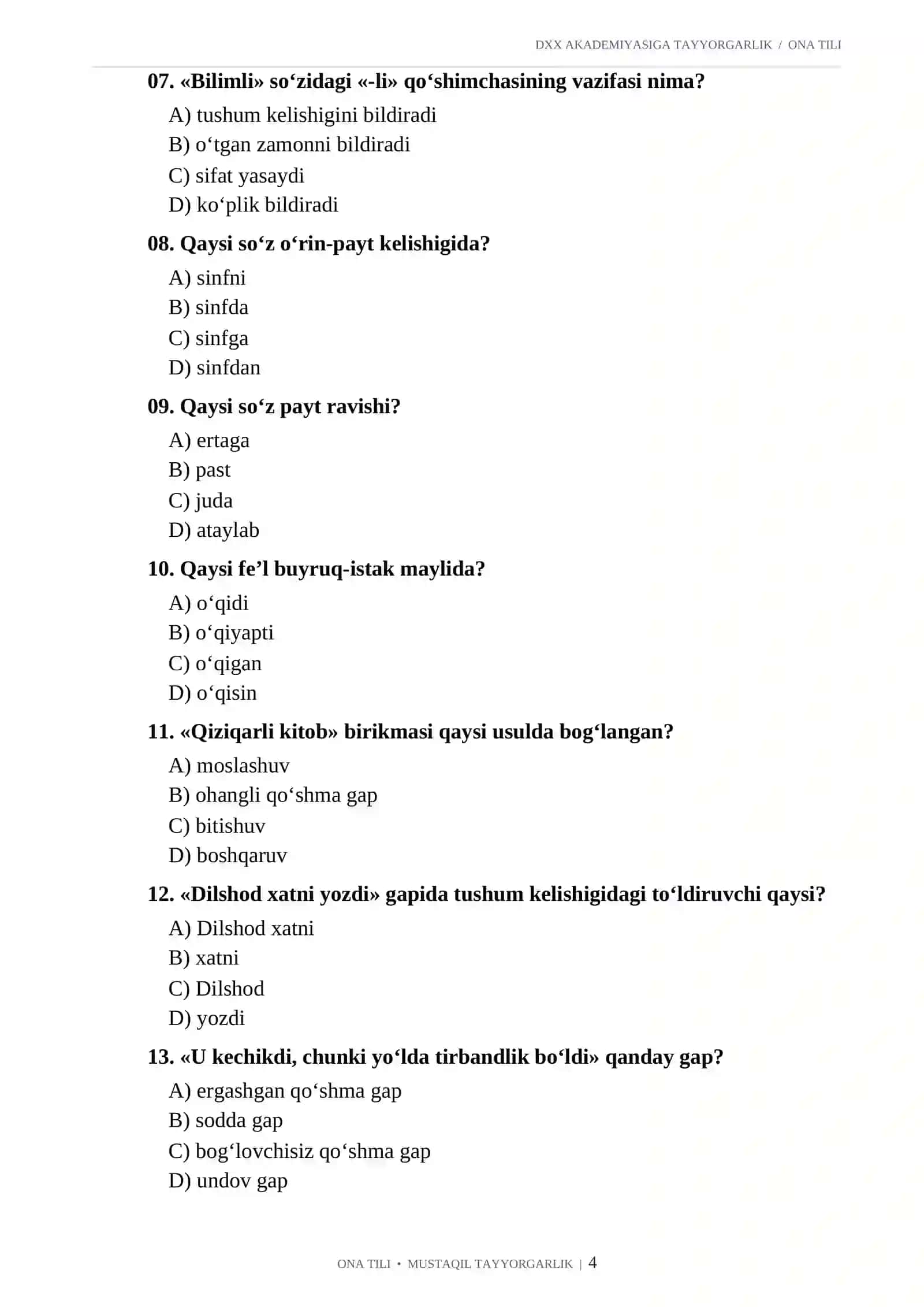DXX AKADEMIYASIGA KIRISH UCHUN ONA TILI FANIDAN NAMUNAVIY TESTLAR 2026-2027 QABUL 4
