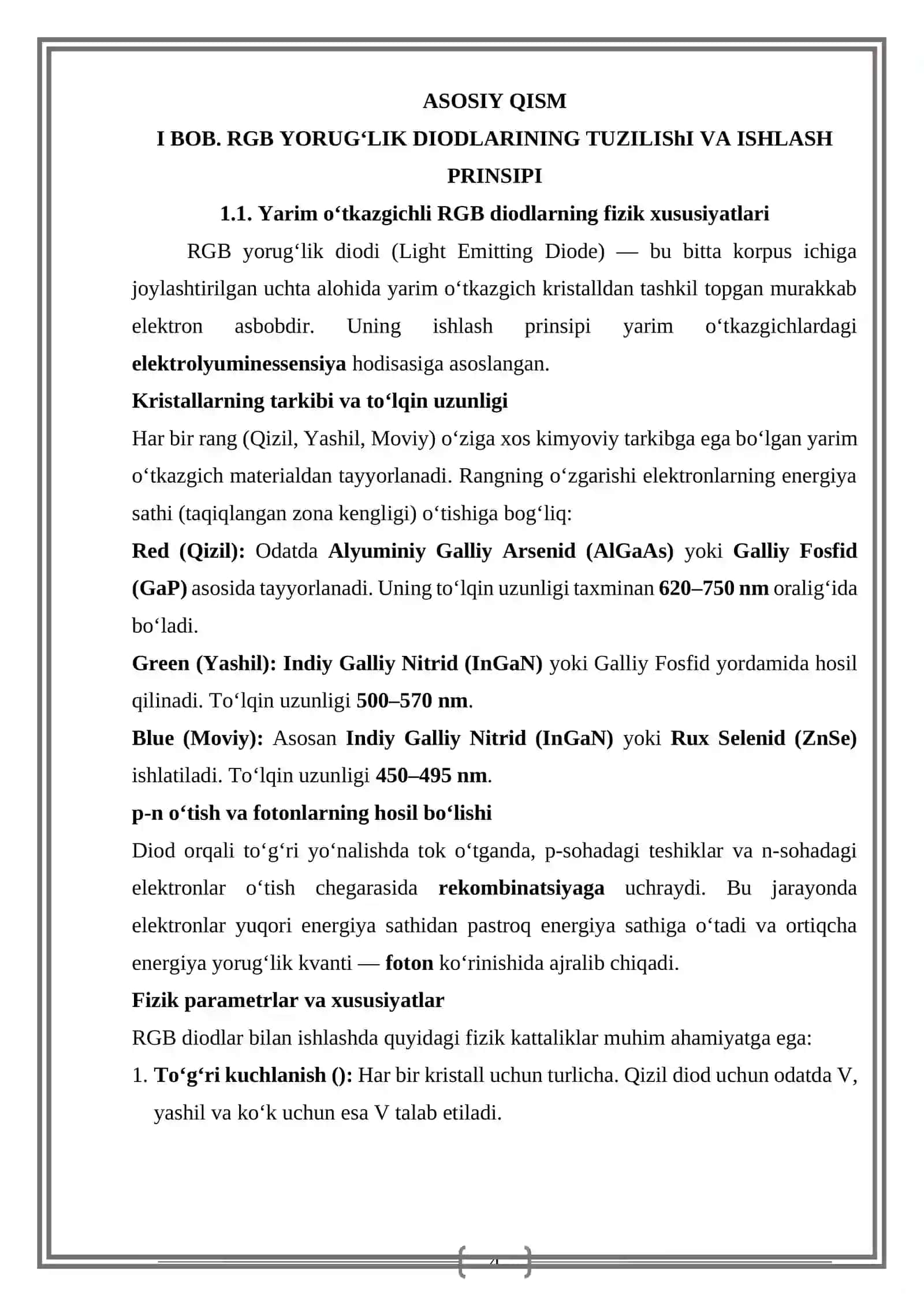 RGB yorug`lik diodlari. Ranglarning additiv aralashishi(red green blue )nazariyasi dinamik rang o`zgartiruvchi algoritm 4