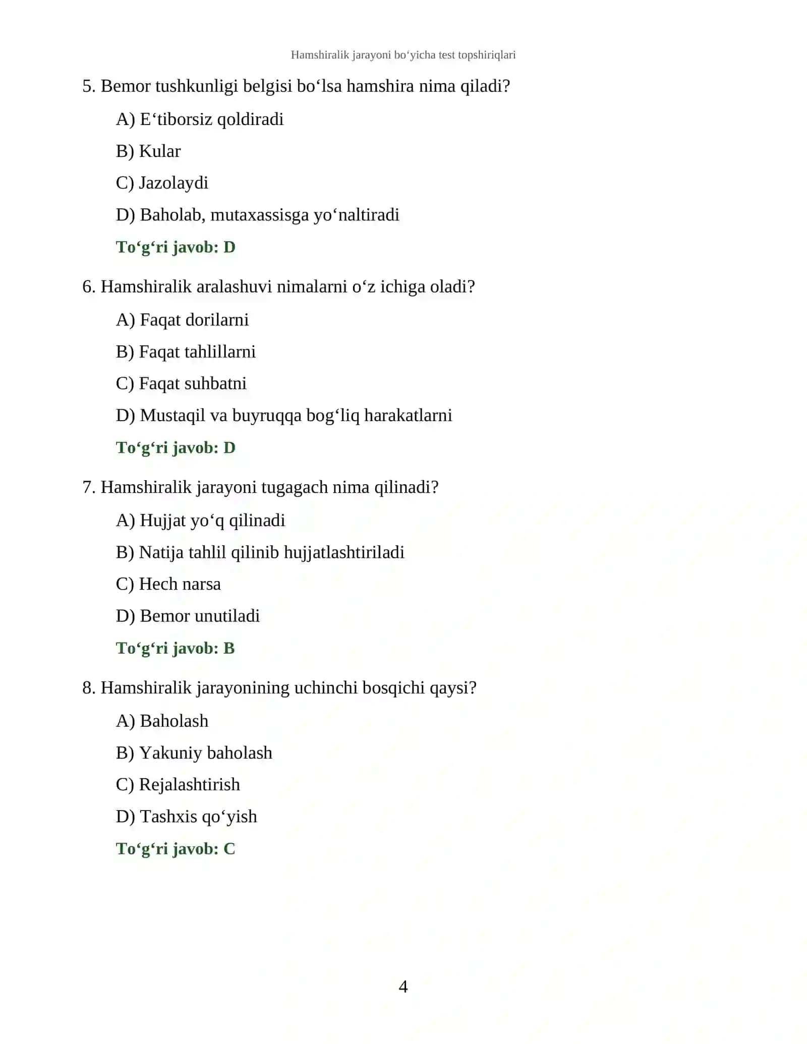 Hamshiralik jarayoni bo‘yicha test topshiriqlari 4