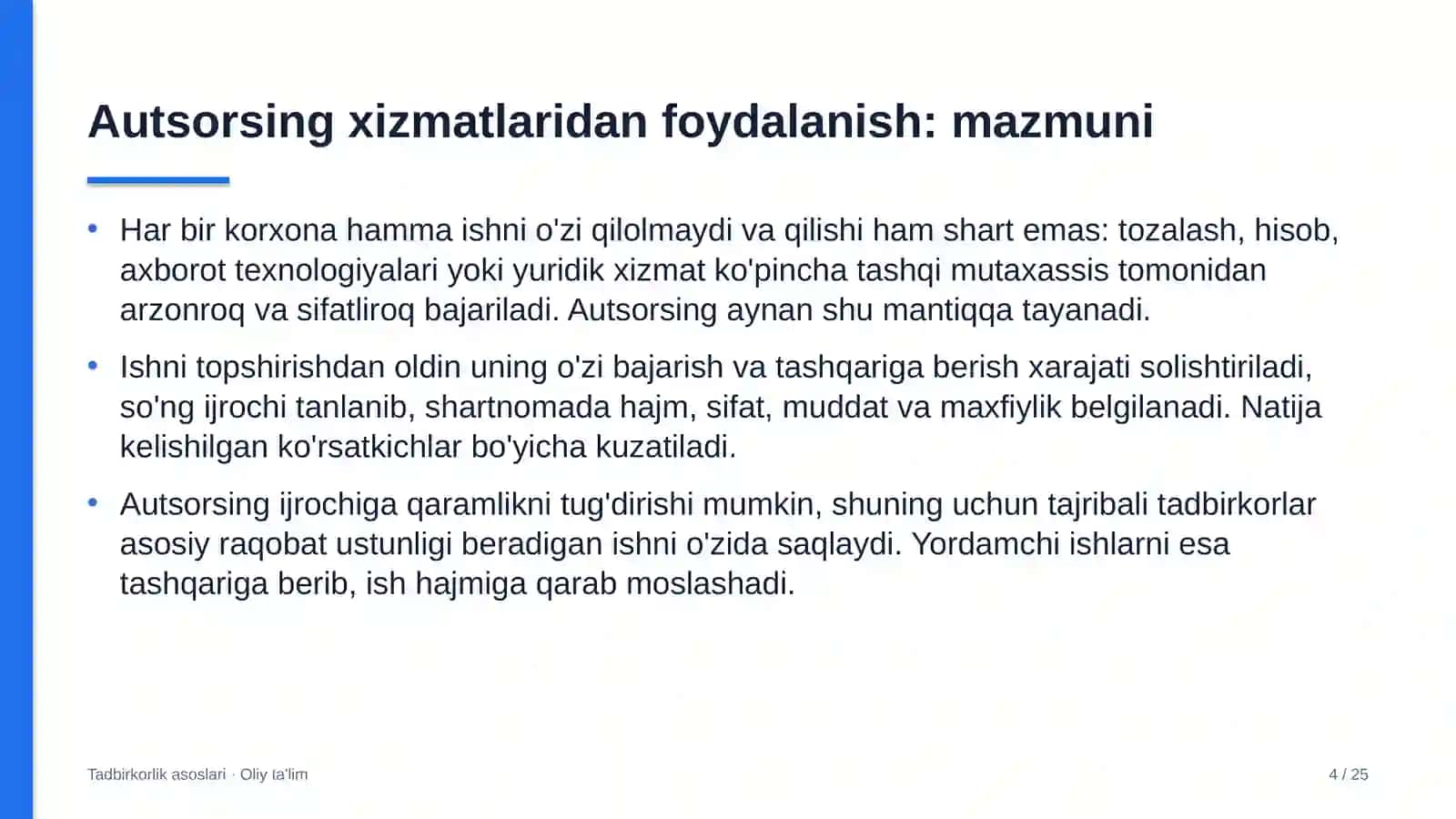 Ko'ngilochar markazlarda autsorsing xizmatlaridan foydalanish 4
