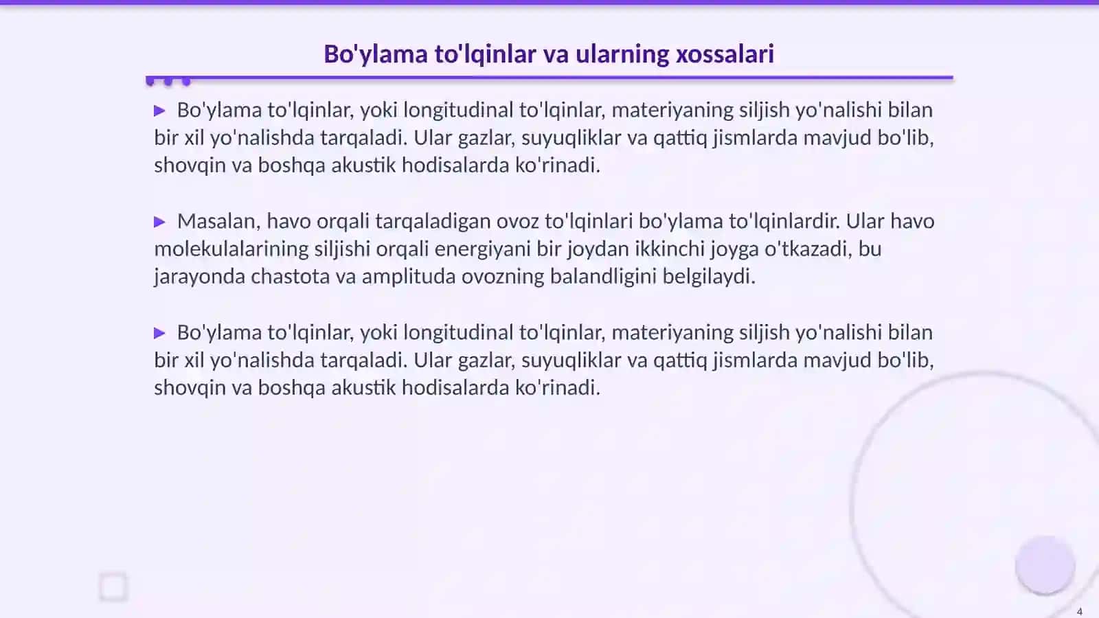 Ko'ndalang va bo'ylama to’lqinlar. To’lqinlarning silijishi va differensial tenglamasi 4