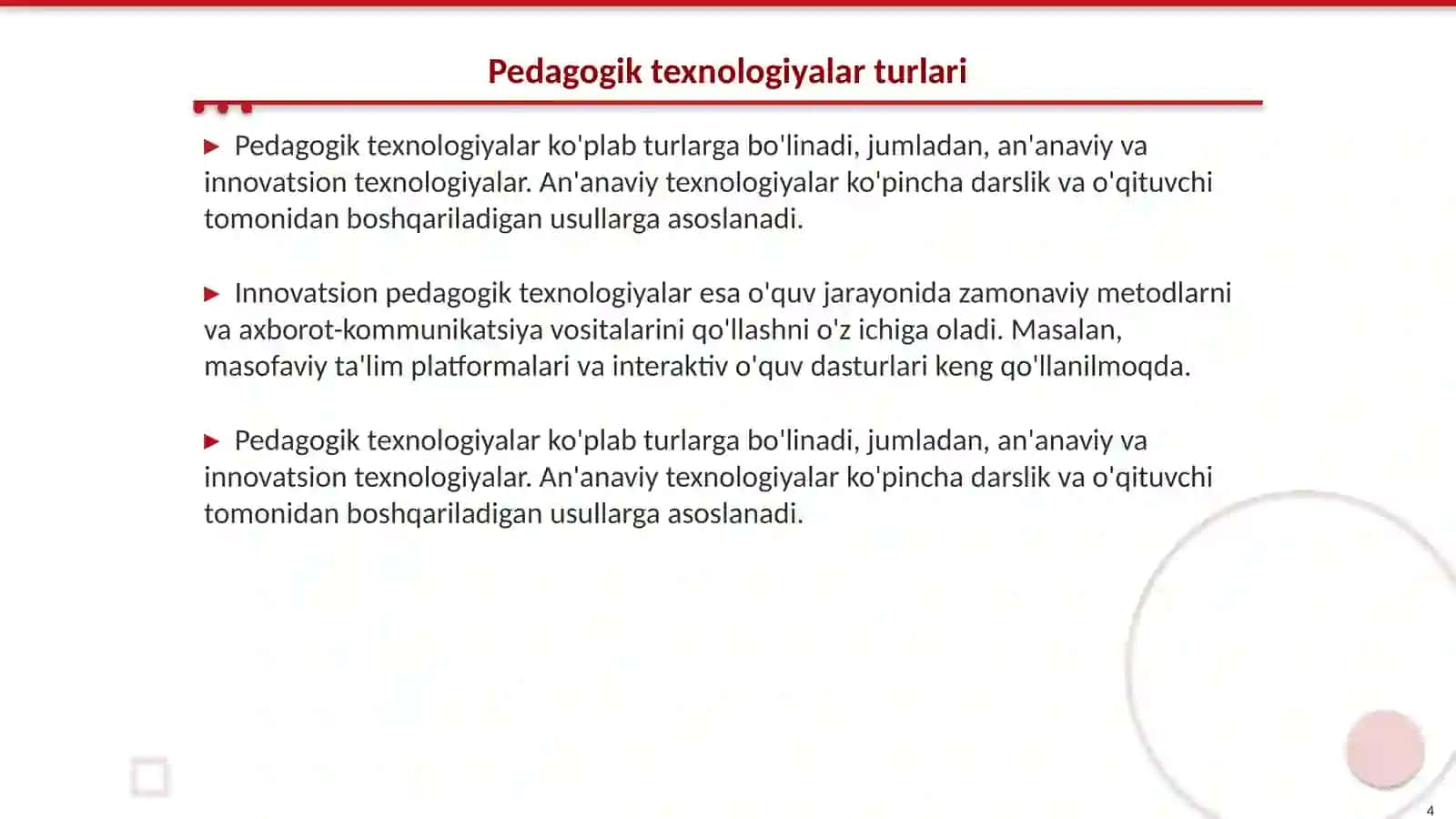 O‘quv jarayonini tashkil etish va samarali boshqarish asosidagi pedagogik texnologiya 4