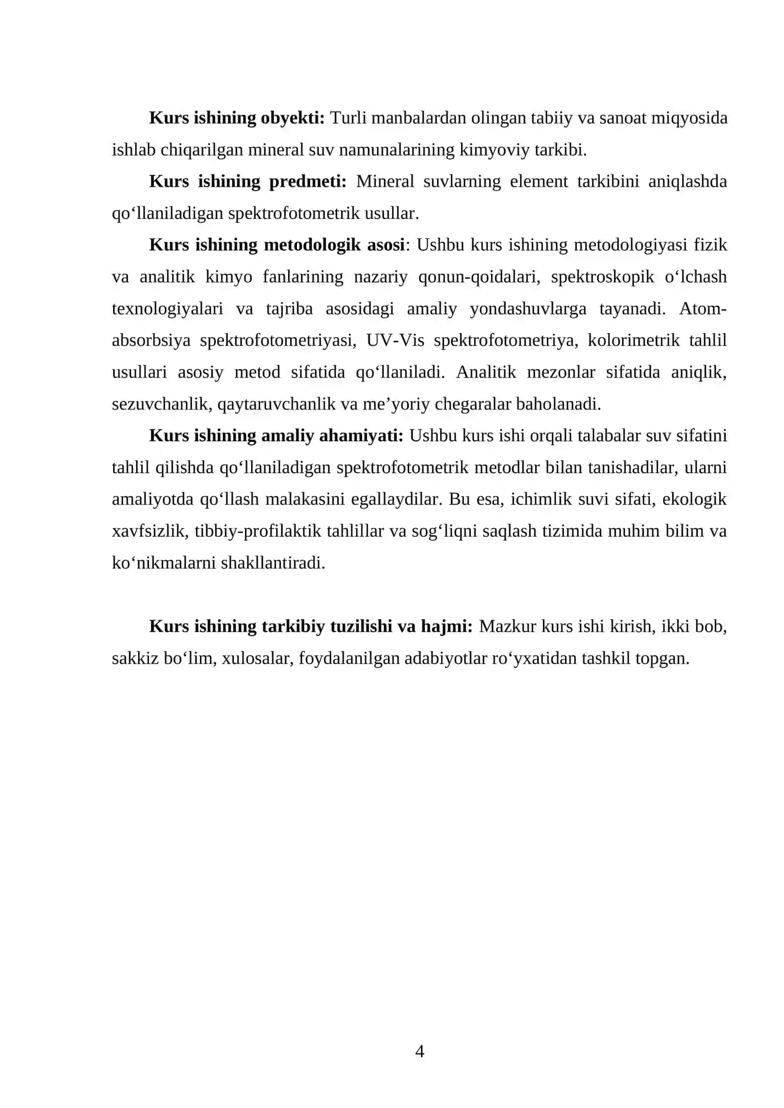 “MINERAL SUVLARNING ELEMENT TARKIBINI ANIQLASHNING SPEKTROFOTOMETRIK USULLARI” MAVZUSIDA YOZGAN KURS ISHI 4