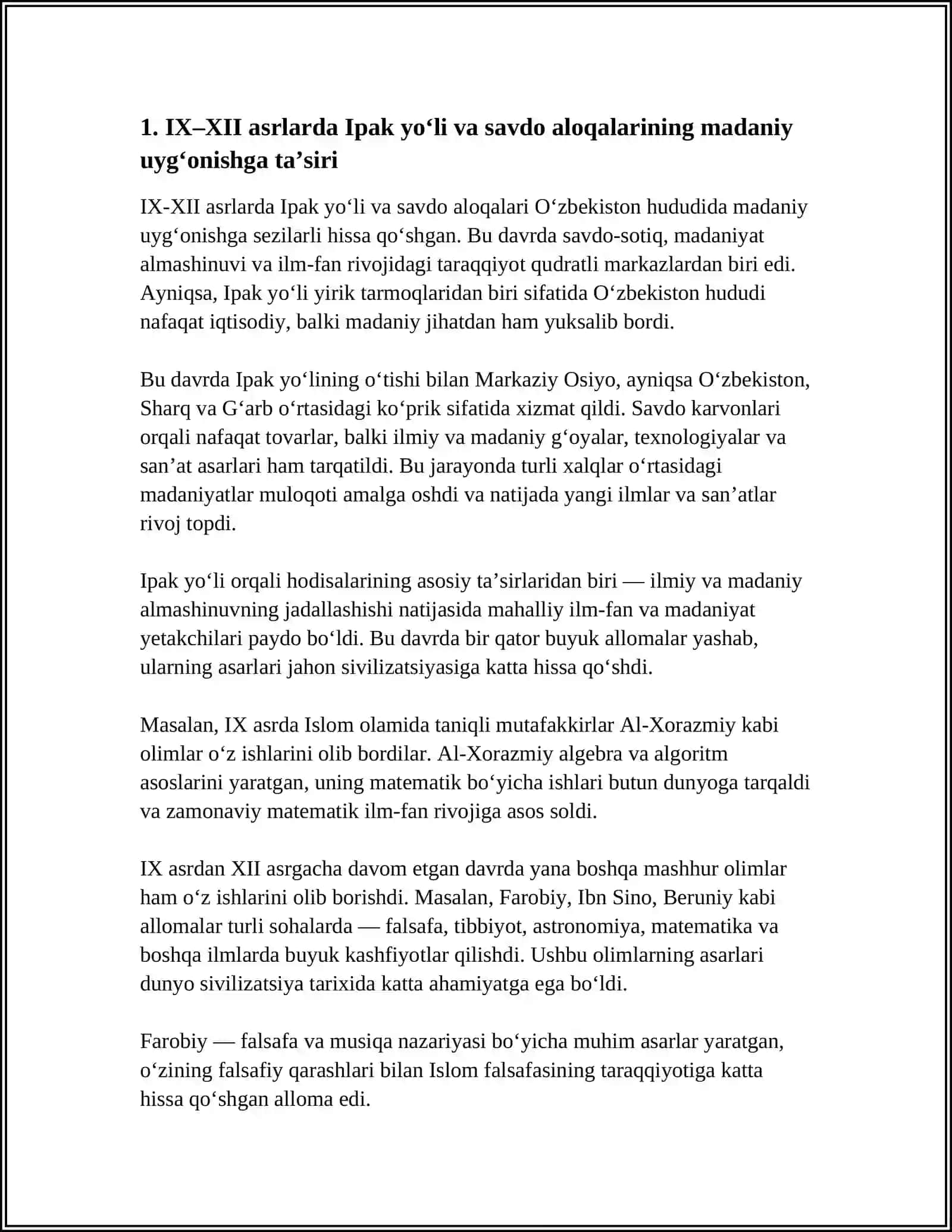 IX–XII ASRLARDA OʻZBEKISTON HUDUDIDA ROʻY BERGAN MADANIY UYGʻONISH (RENESSANS) VA BUYUK ALLOMALARNING JAHON SIVILIZATSIYASIGA QOʻSHGAN HISSASI 4
